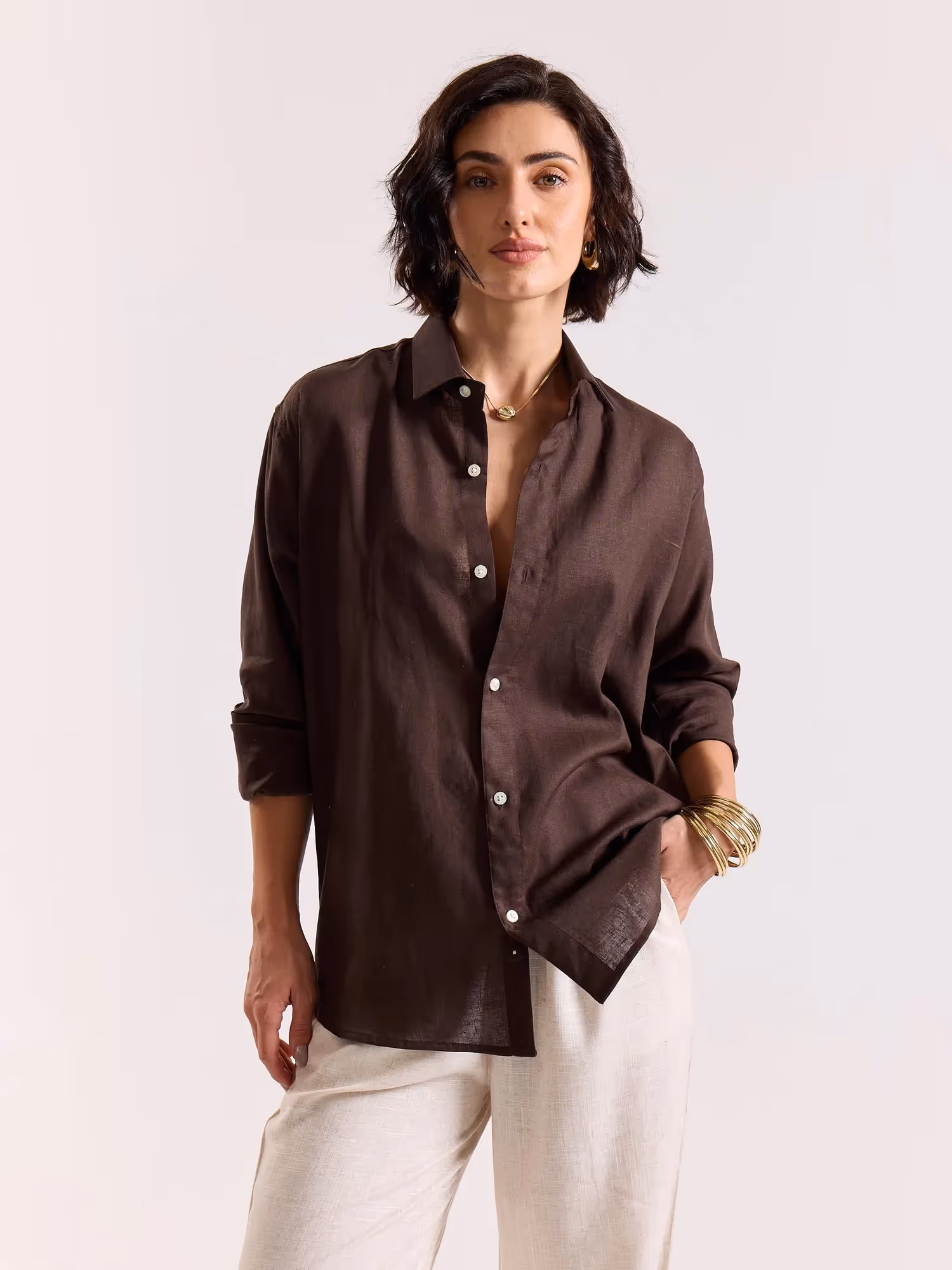 Dark Brown Linen-blend Shirt image 4