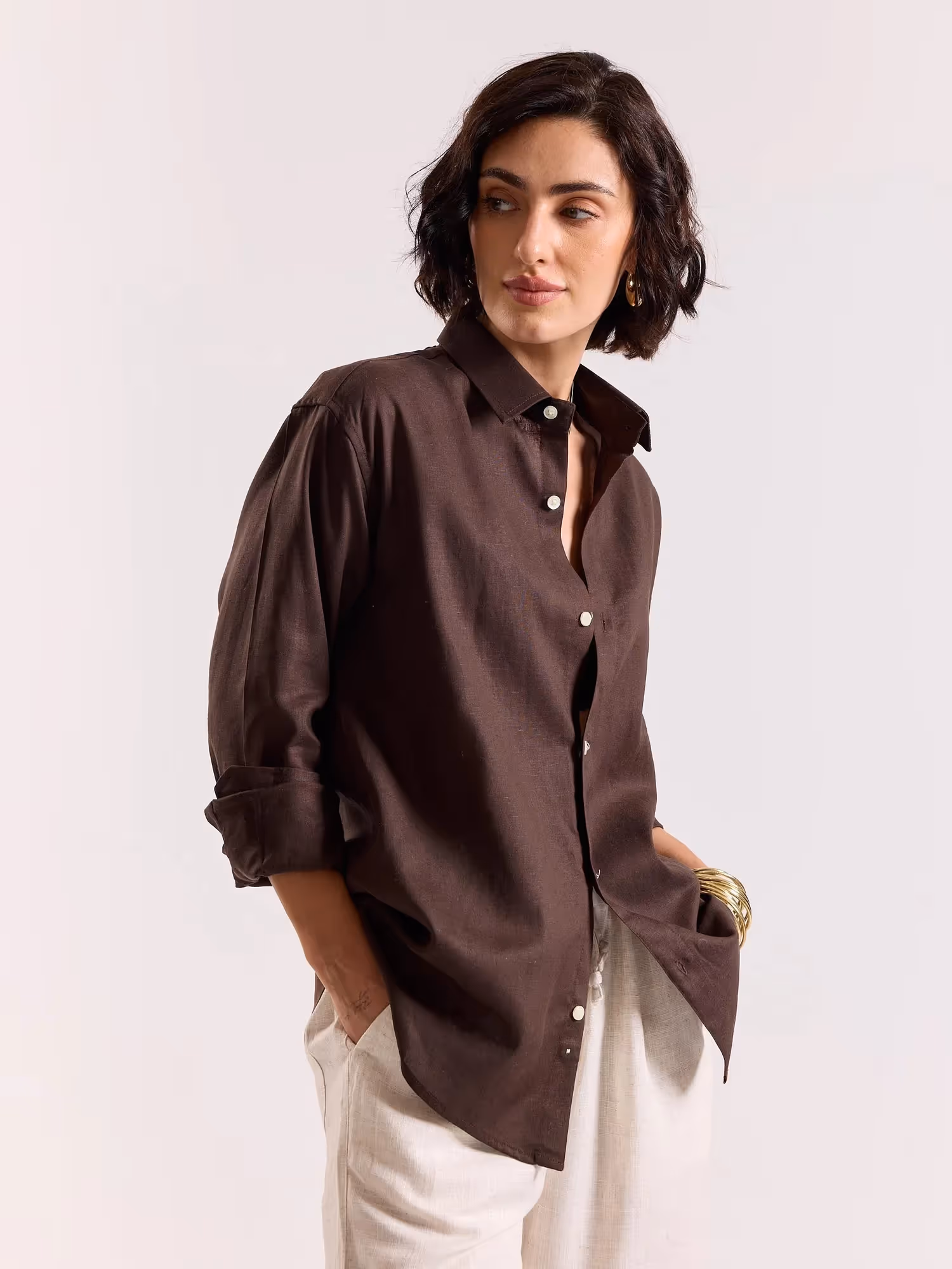 Dark Brown Linen-blend Shirt image 7