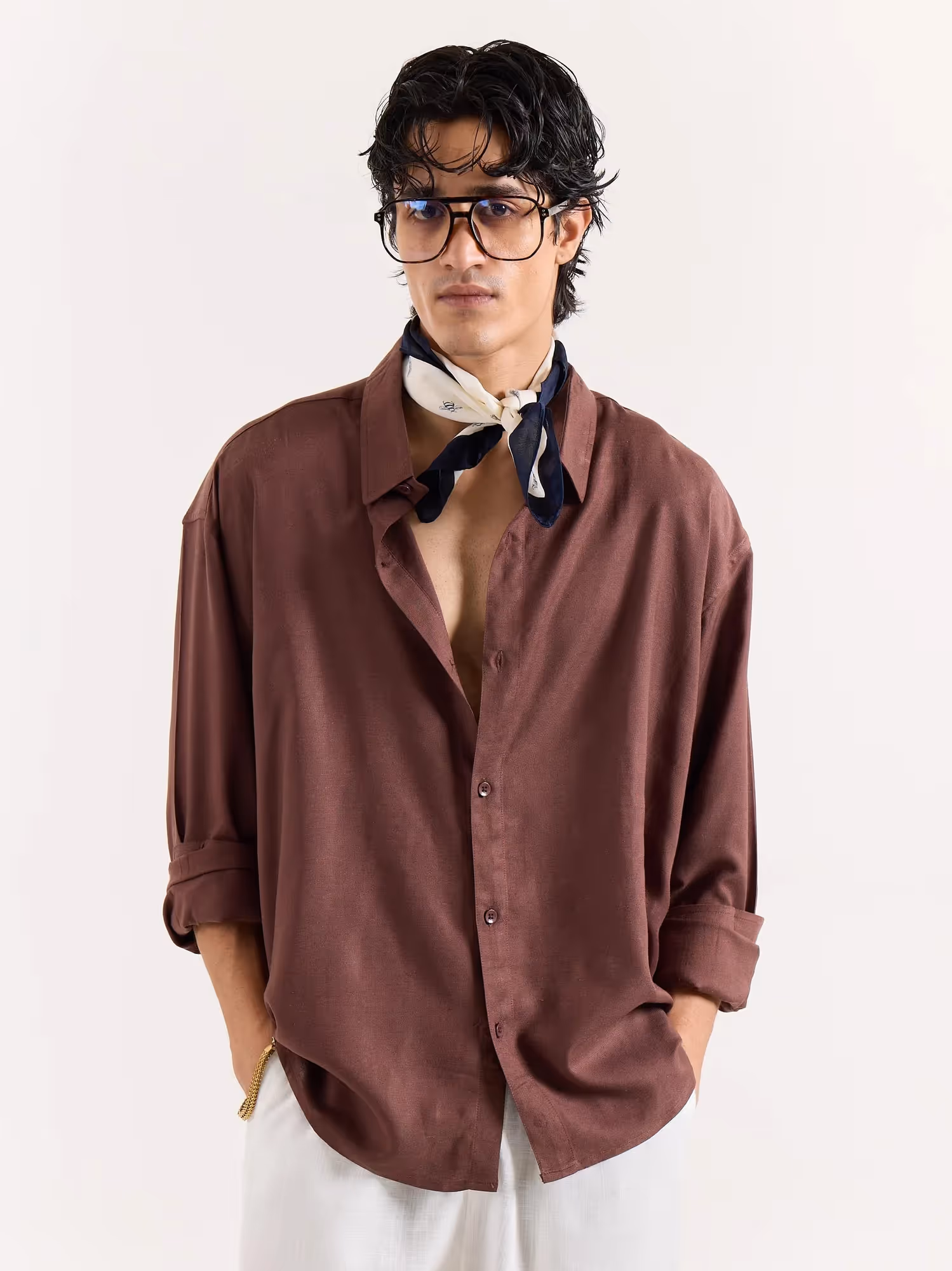 Dark Brown Linen Cropped Shirt image 2
