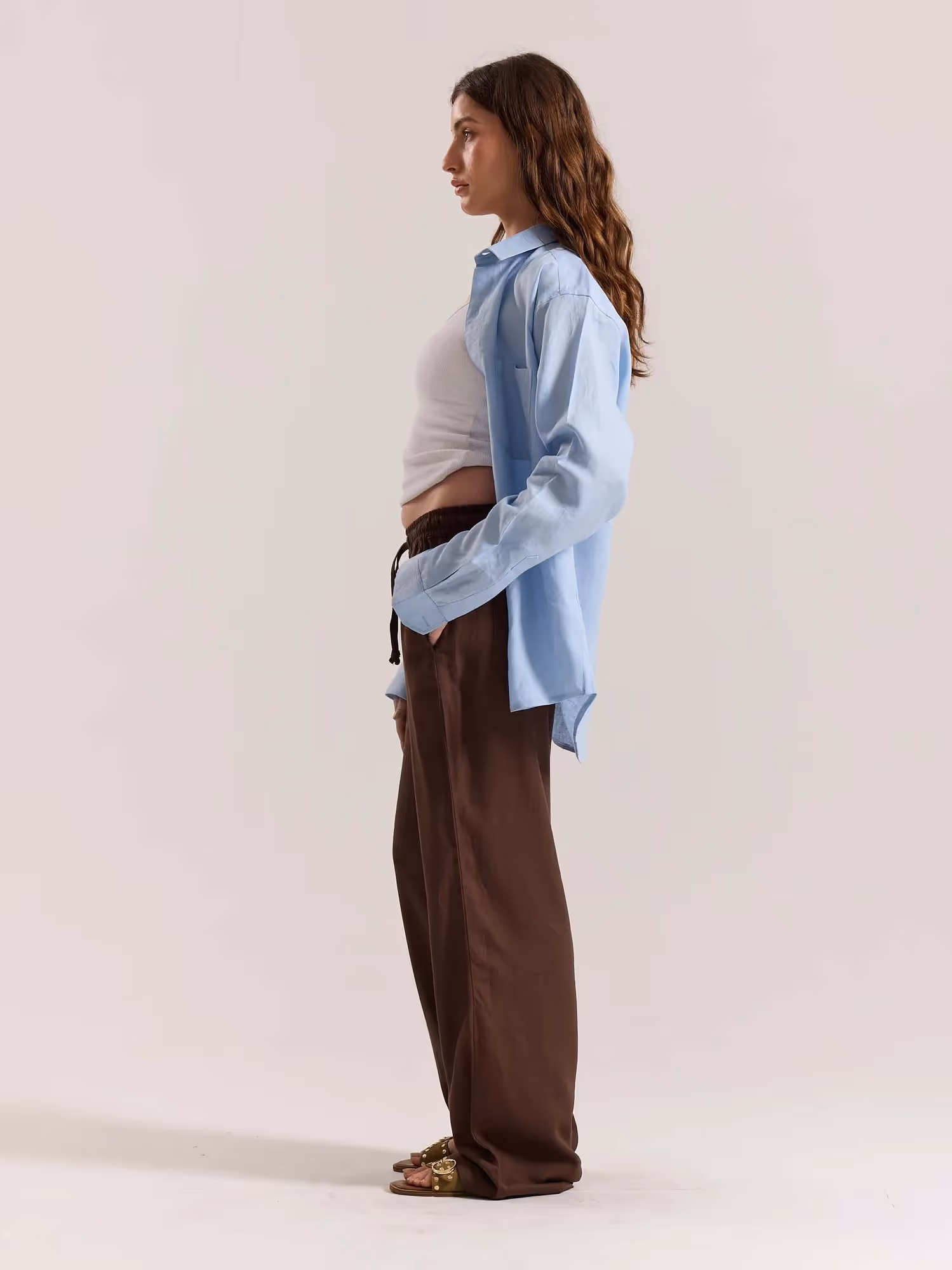 Dark Brown Linen Pull-on Pants  image 2