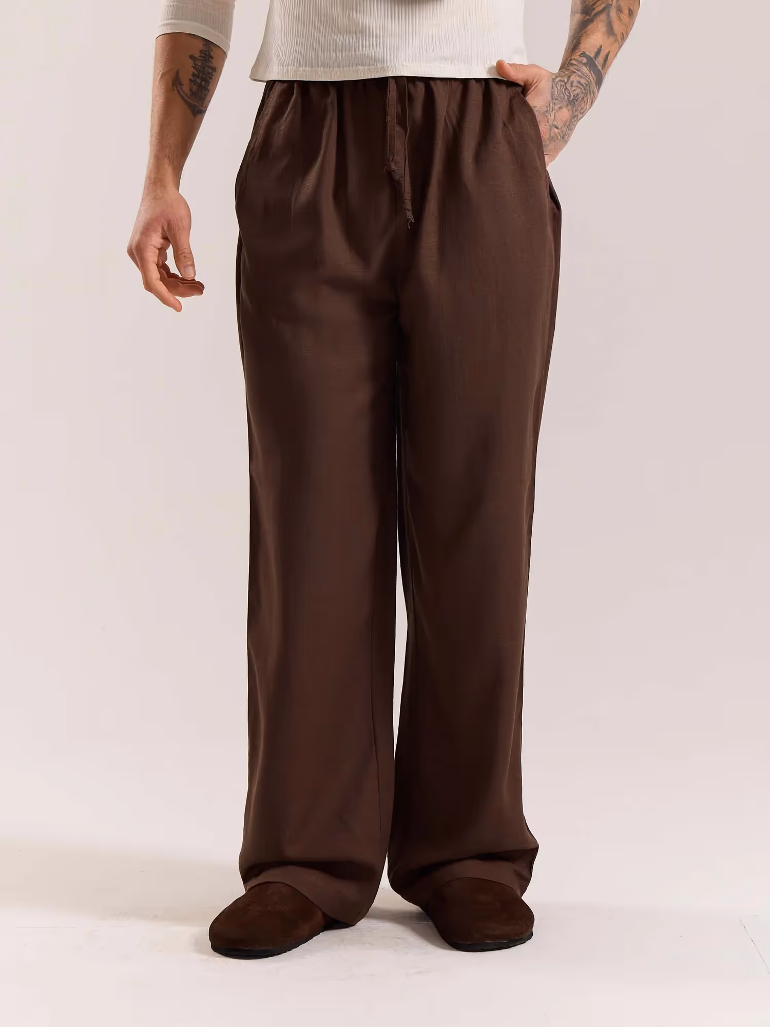 Dark Brown Linen Pull-on Pants  image 3