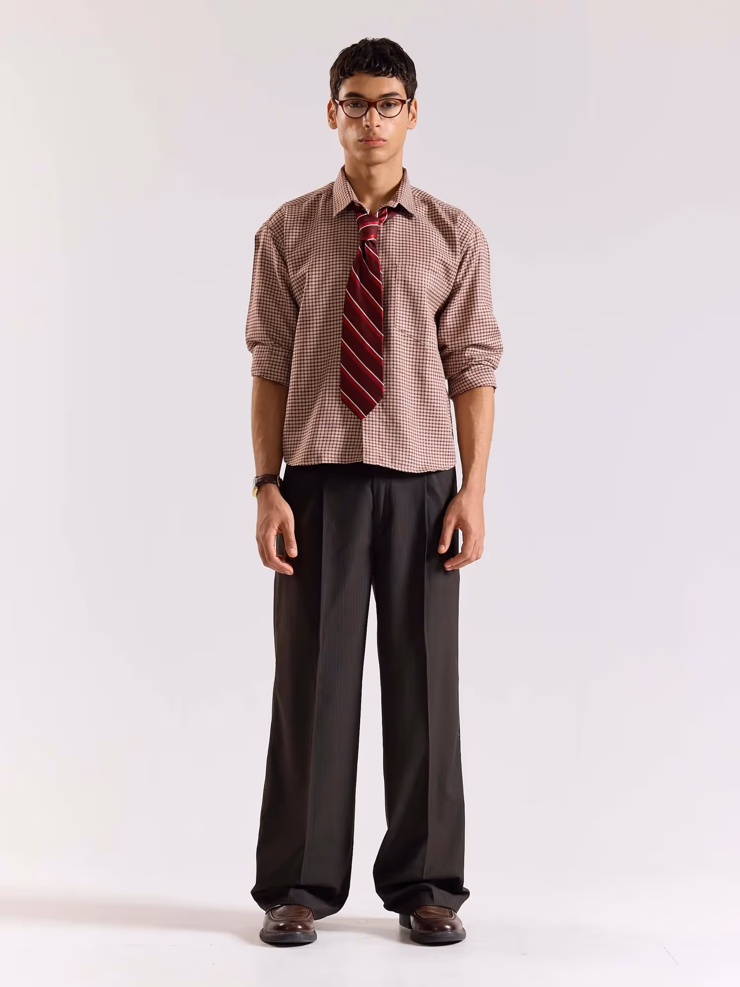 Dark Brown Pinstriped Baggy Fit Trousers image 1