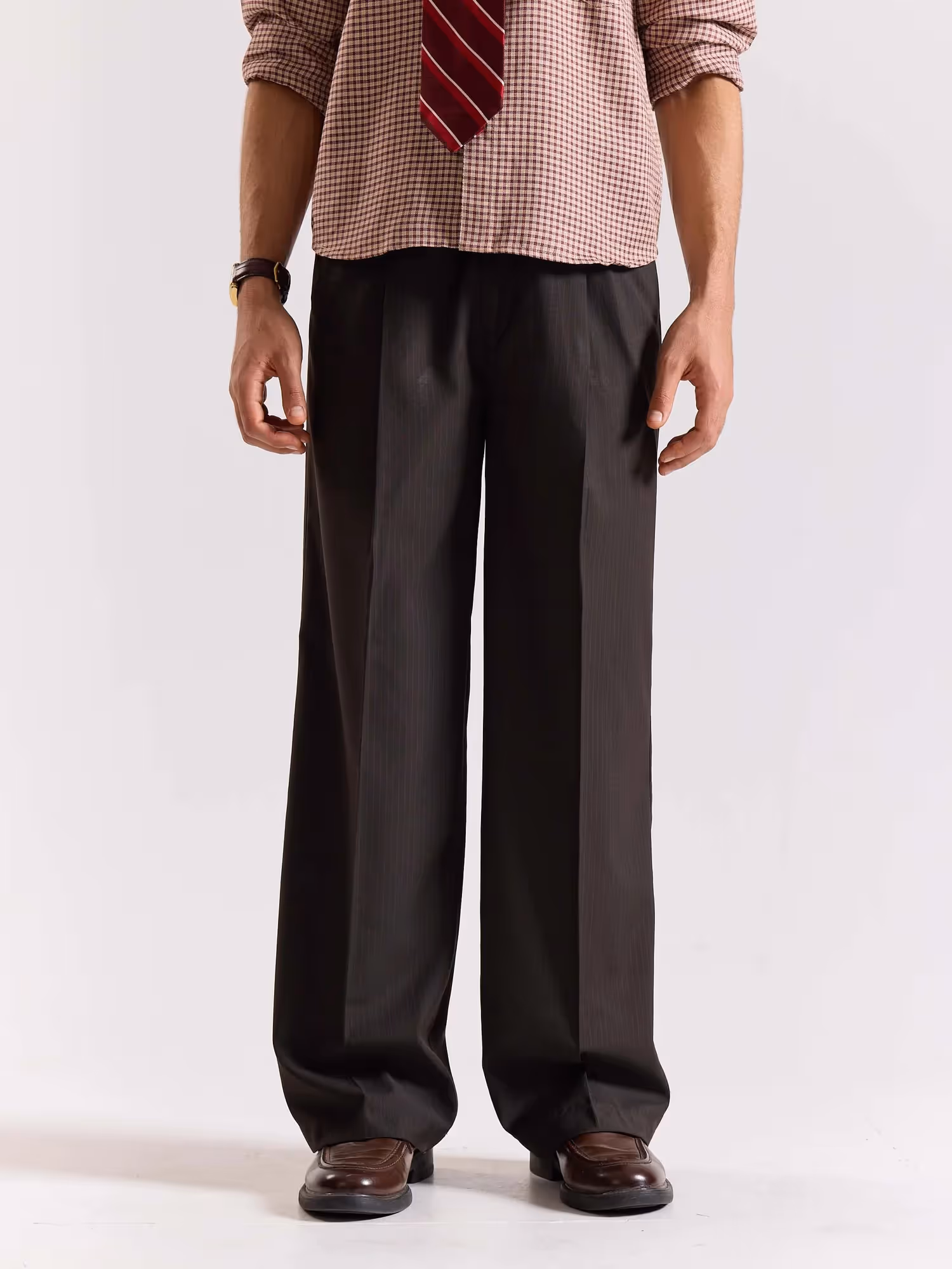 Dark Brown Pinstriped Baggy Fit Trousers image 2