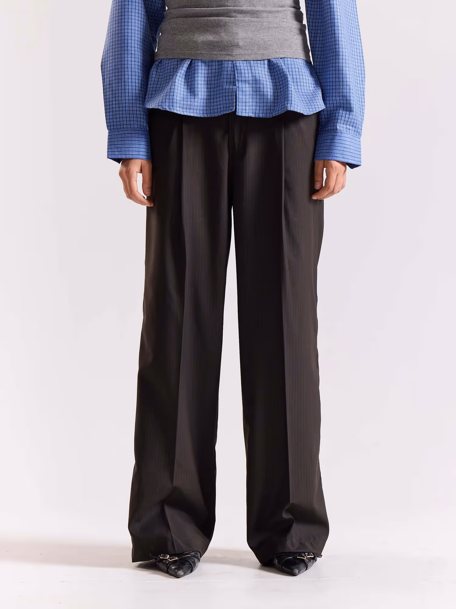Dark Brown Pinstriped Baggy Fit Trousers image 4