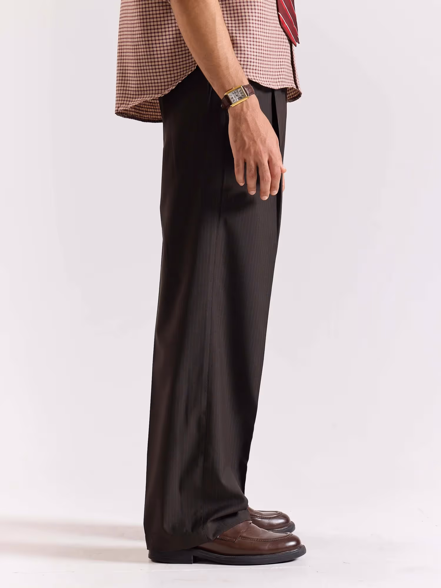 Dark Brown Pinstriped Baggy Fit Trousers image 5