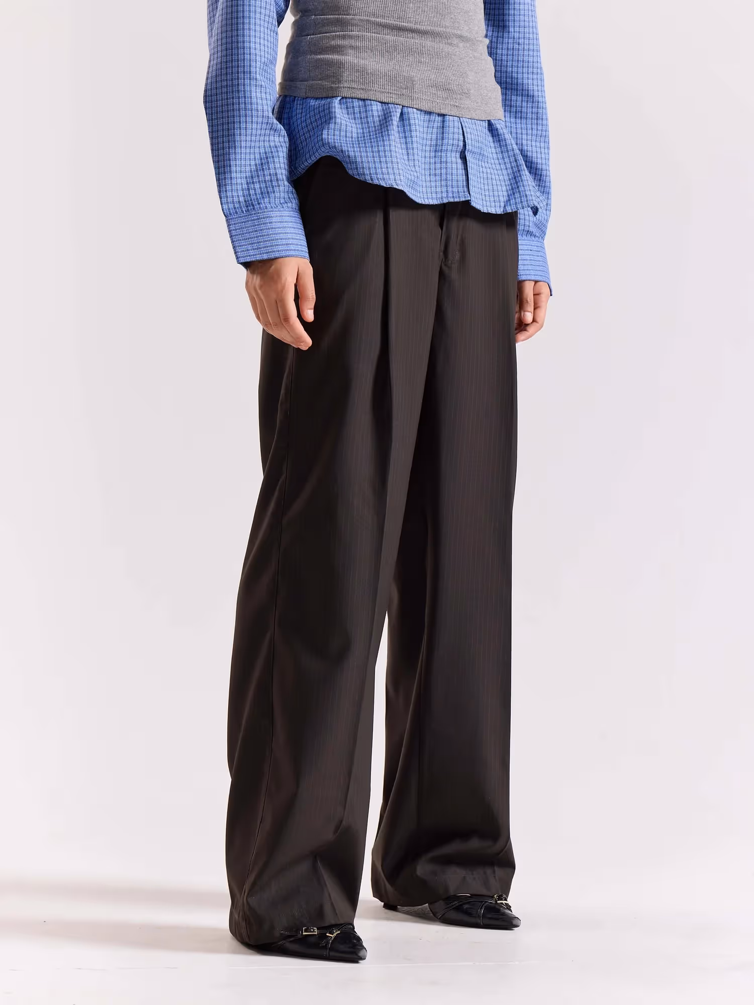 Dark Brown Pinstriped Baggy Fit Trousers image 6