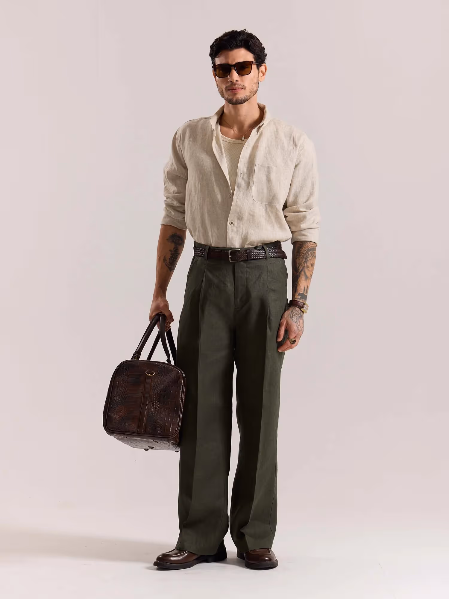 Dark Green Linen Baggy Fit Trousers image 1
