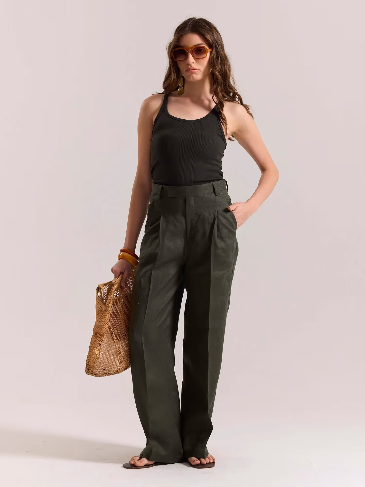 Dark Green Linen Baggy Fit Trousers image 2