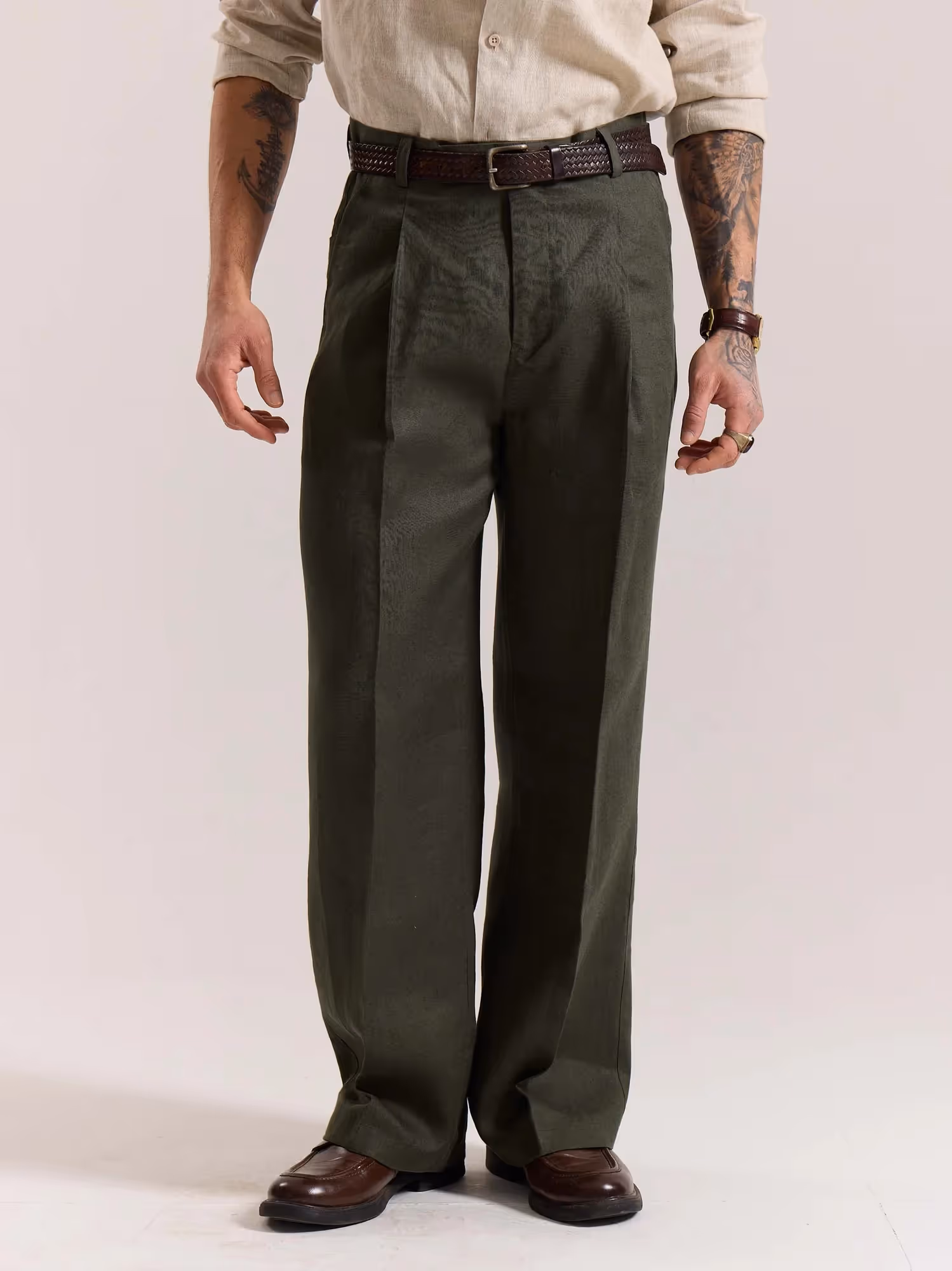 Dark Green Linen Baggy Fit Trousers image 3