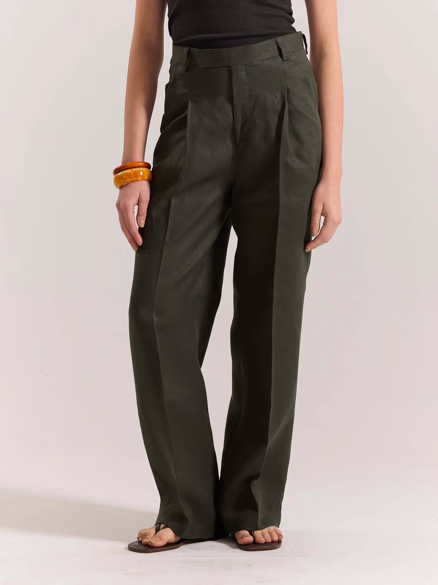 Dark Green Linen Baggy Fit Trousers image 4