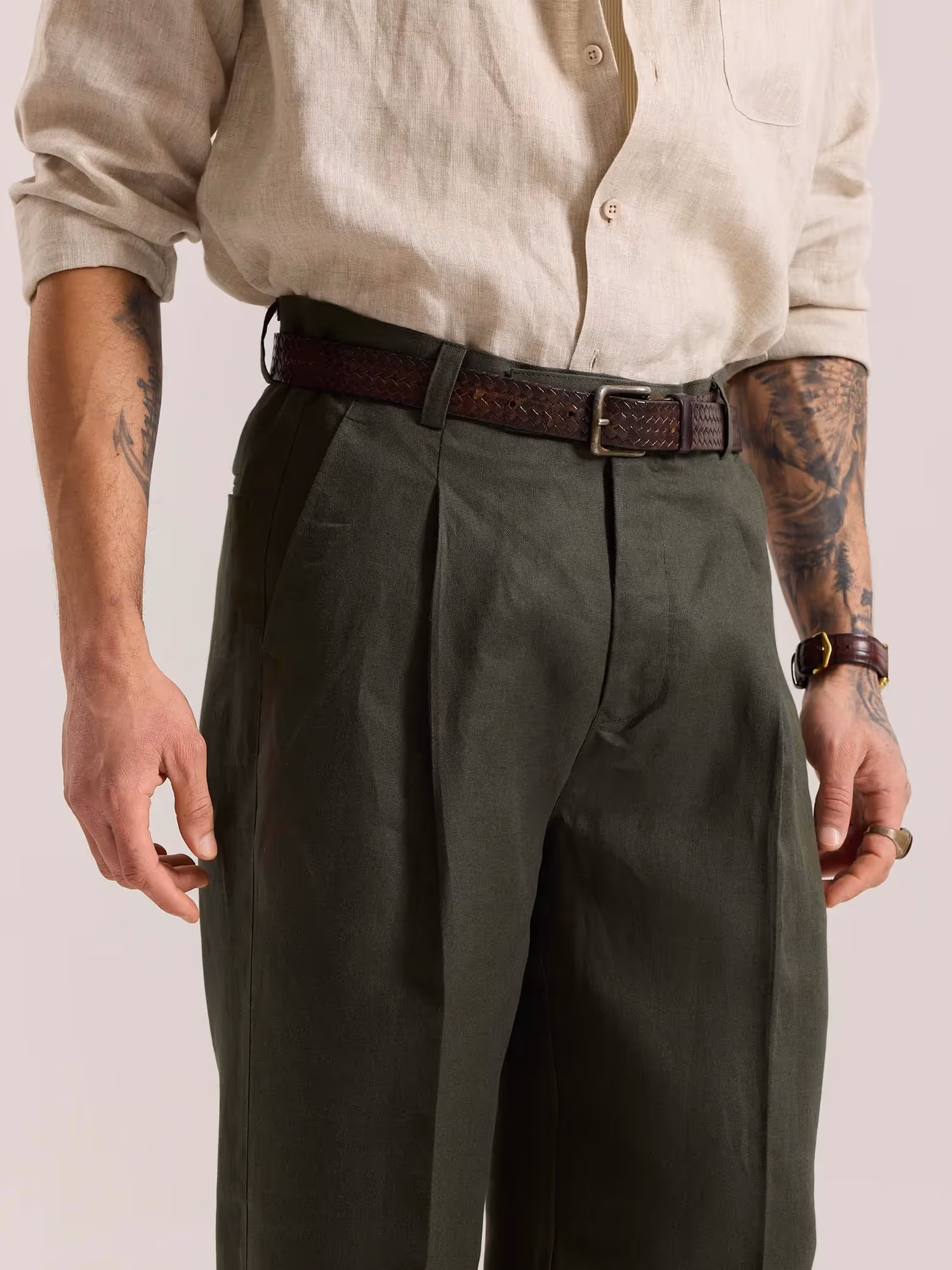 Dark Green Linen Baggy Fit Trousers image 5