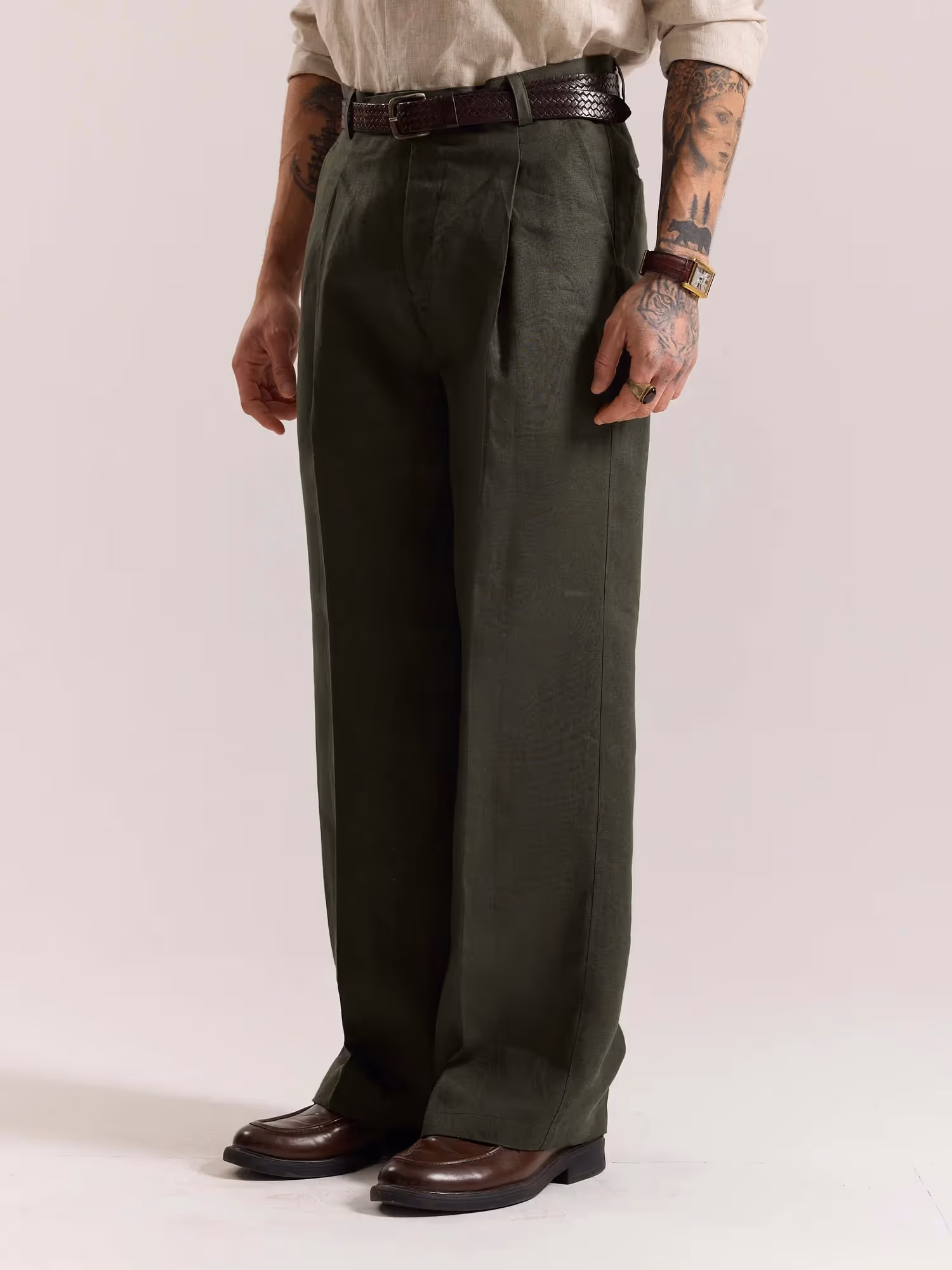 Dark Green Linen Baggy Fit Trousers image 6