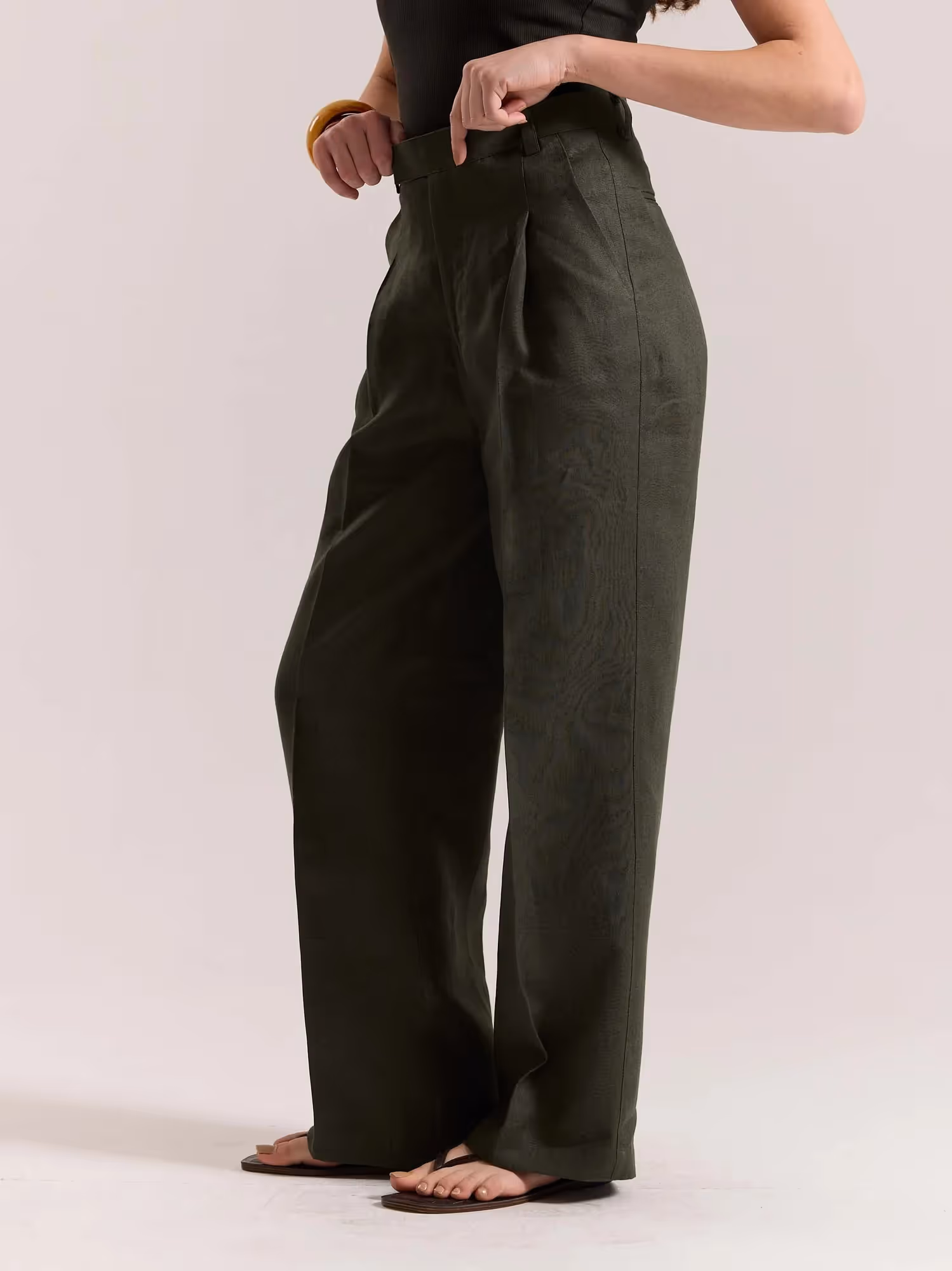 Dark Green Linen Baggy Fit Trousers image 7