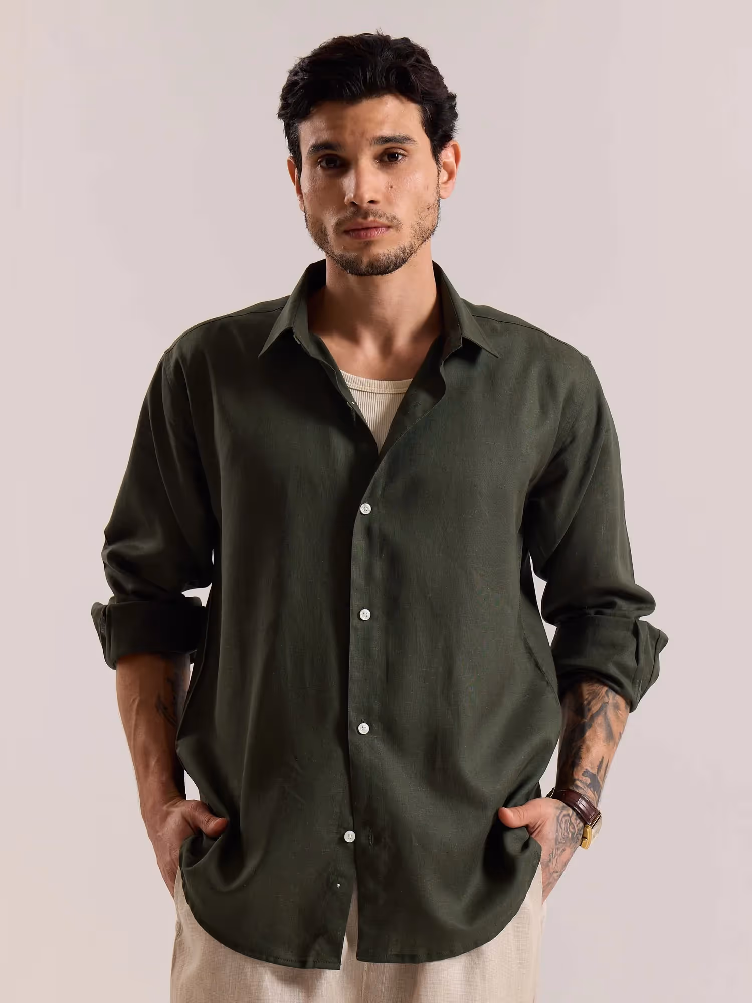 Dark Green Linen-blend Shirt image 3