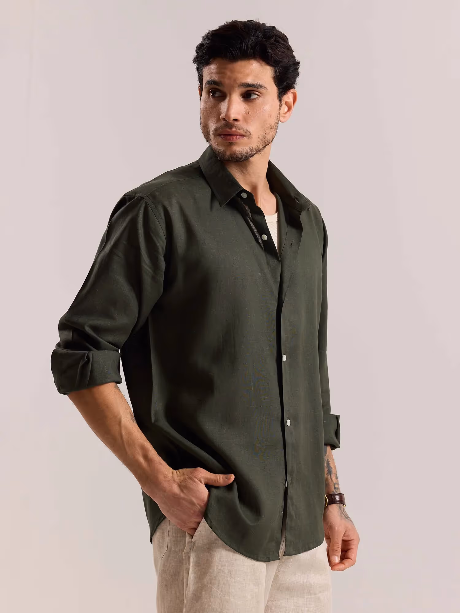 Dark Green Linen-blend Shirt image 5