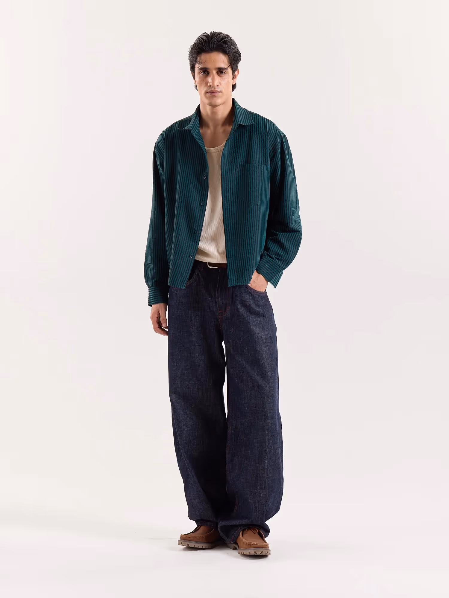Dark Green Striped Seersucker Cropped Shirt image 1