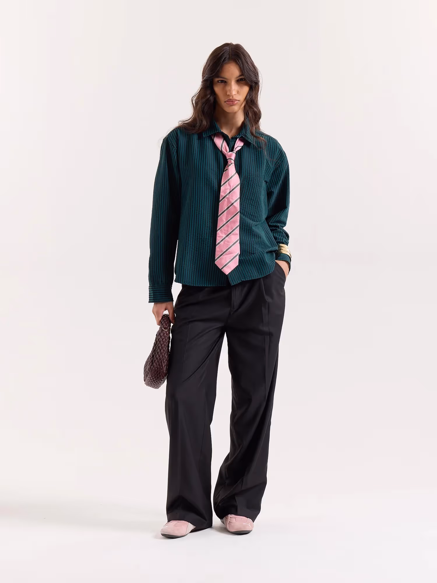 Dark Green Striped Seersucker Cropped Shirt image 2