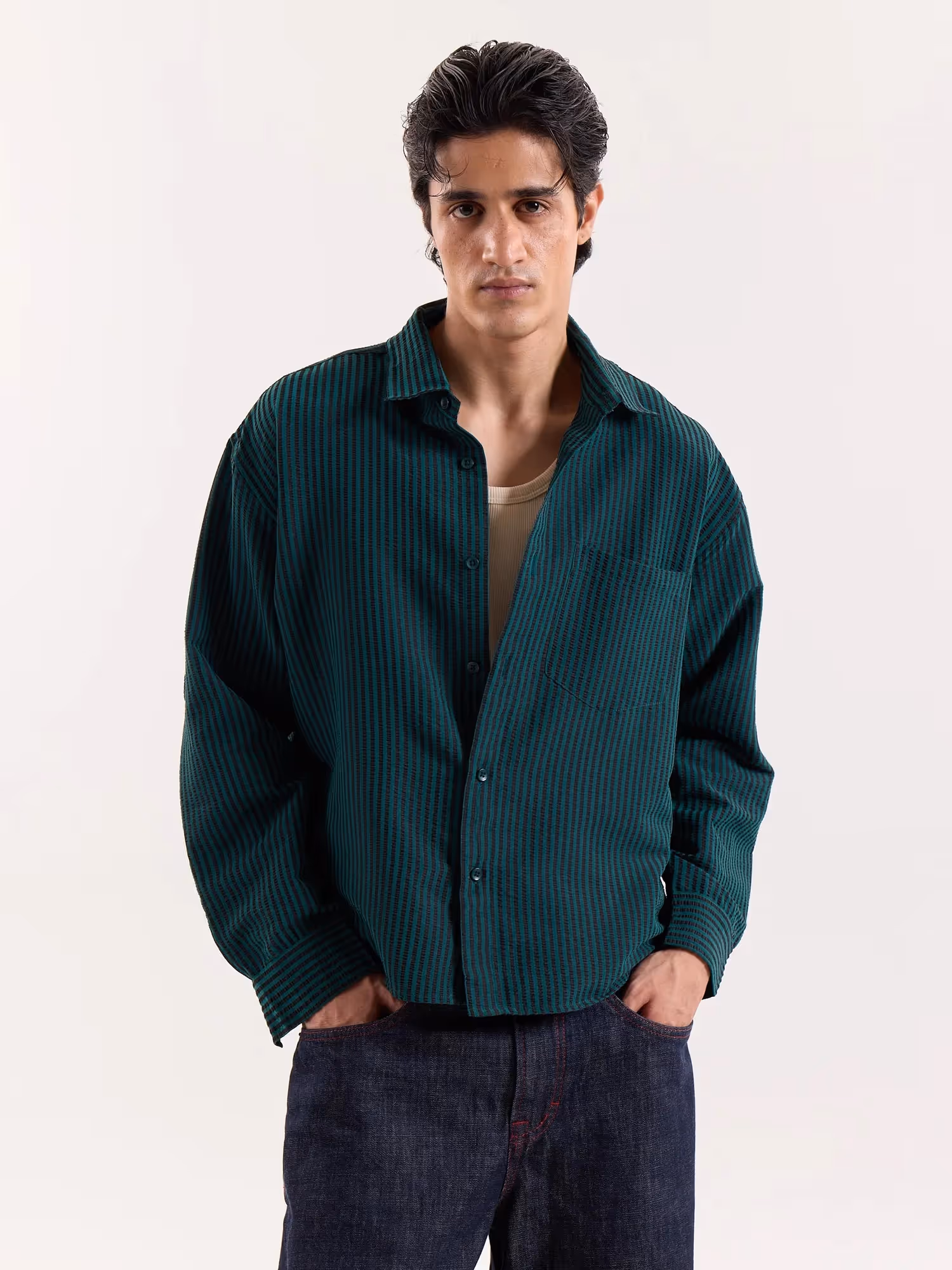 Dark Green Striped Seersucker Cropped Shirt image 3
