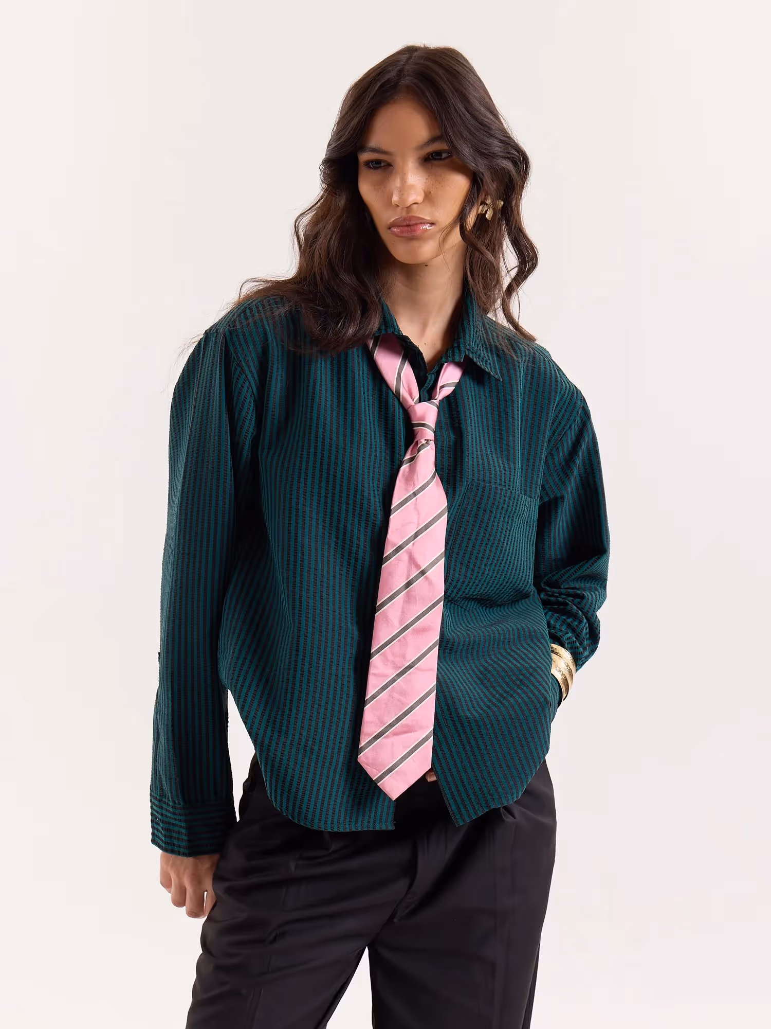Dark Green Striped Seersucker Cropped Shirt image 4