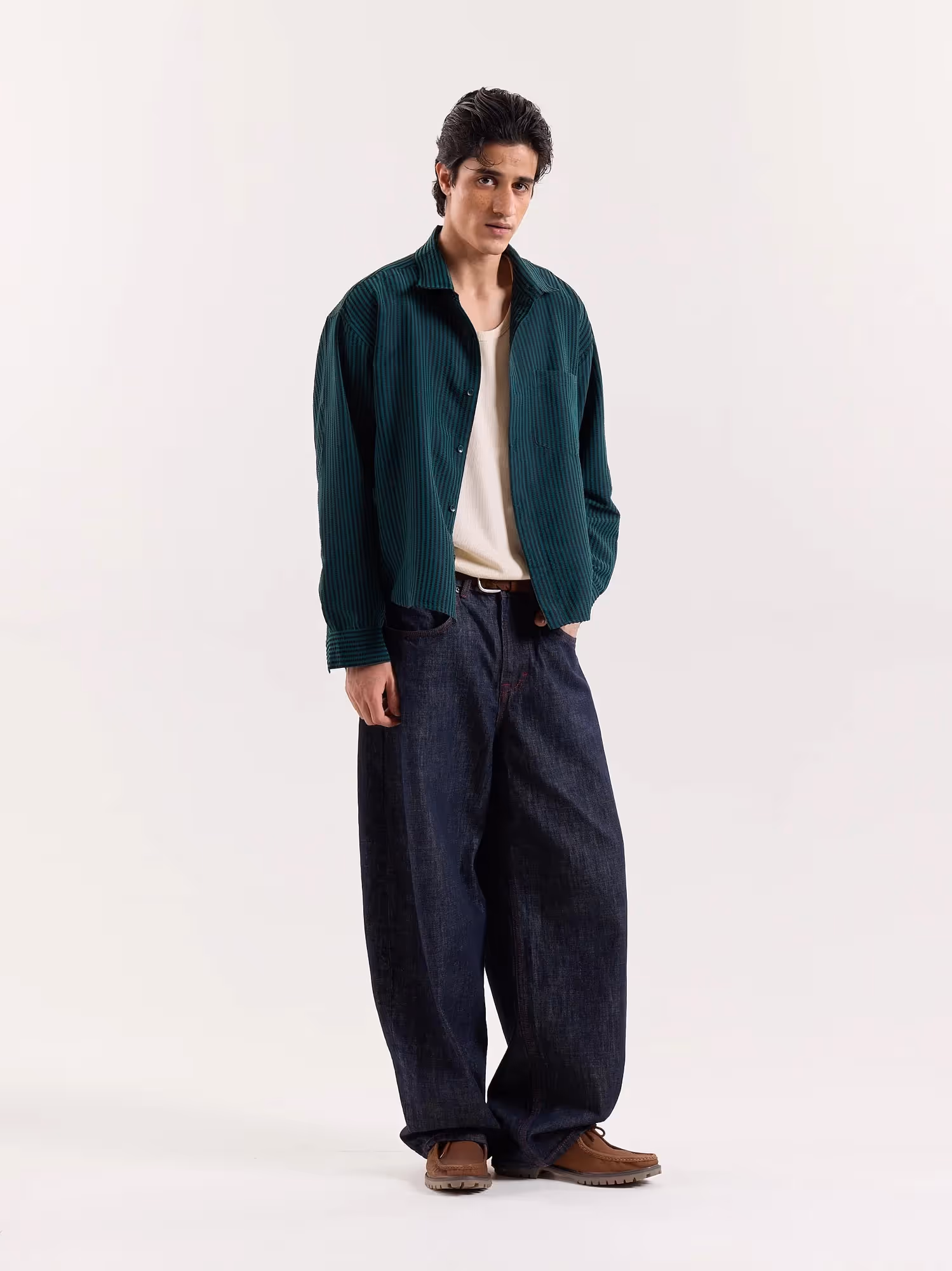 Dark Green Striped Seersucker Cropped Shirt image 5