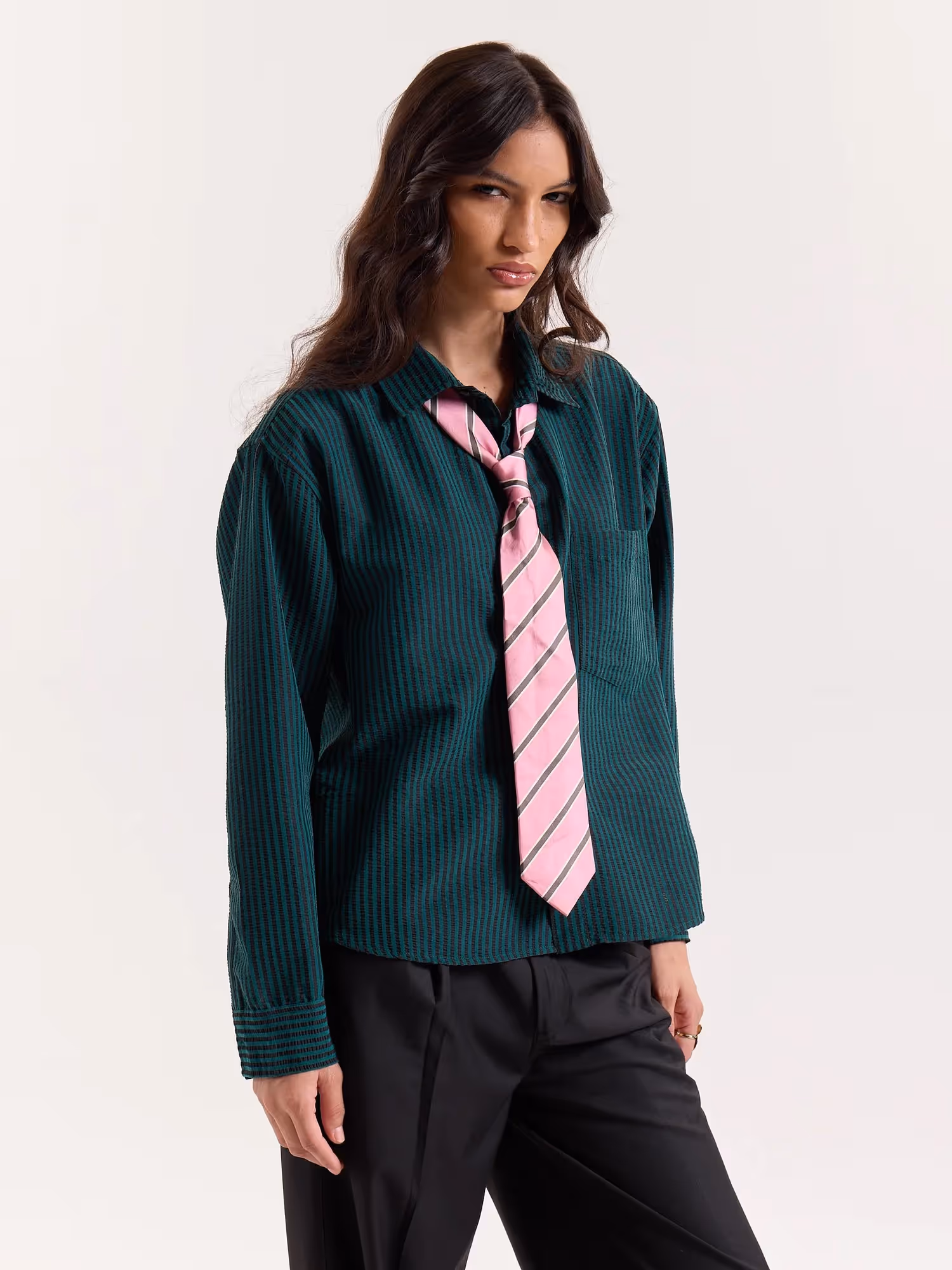 Dark Green Striped Seersucker Cropped Shirt image 6