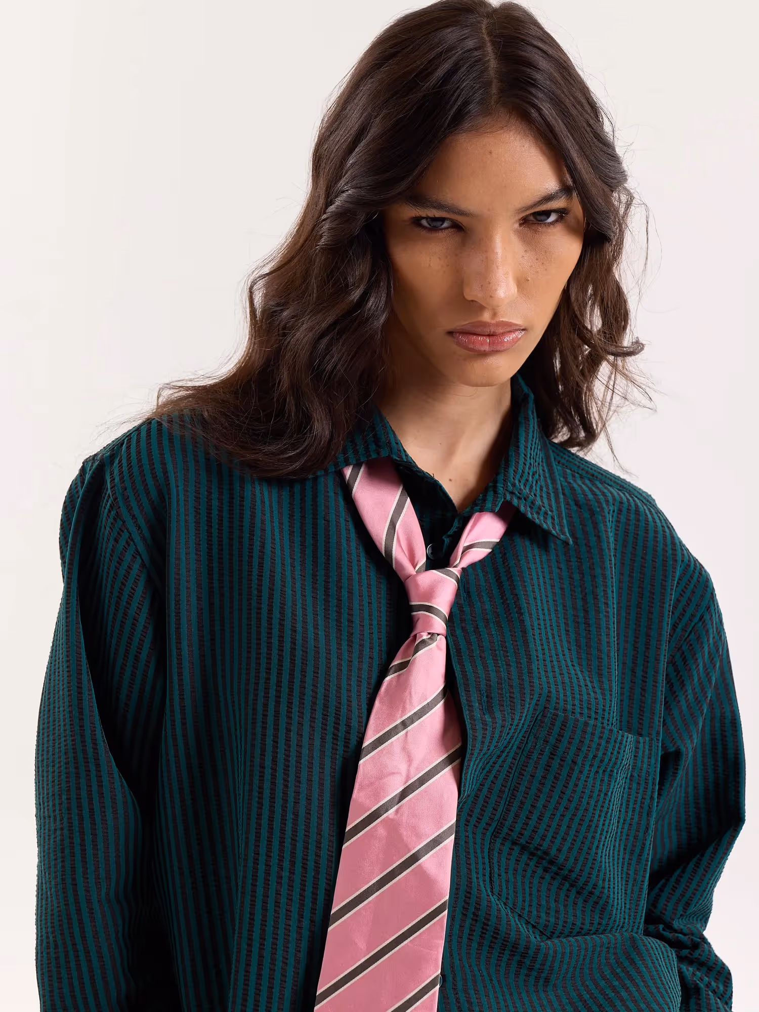 Dark Green Striped Seersucker Cropped Shirt image 7