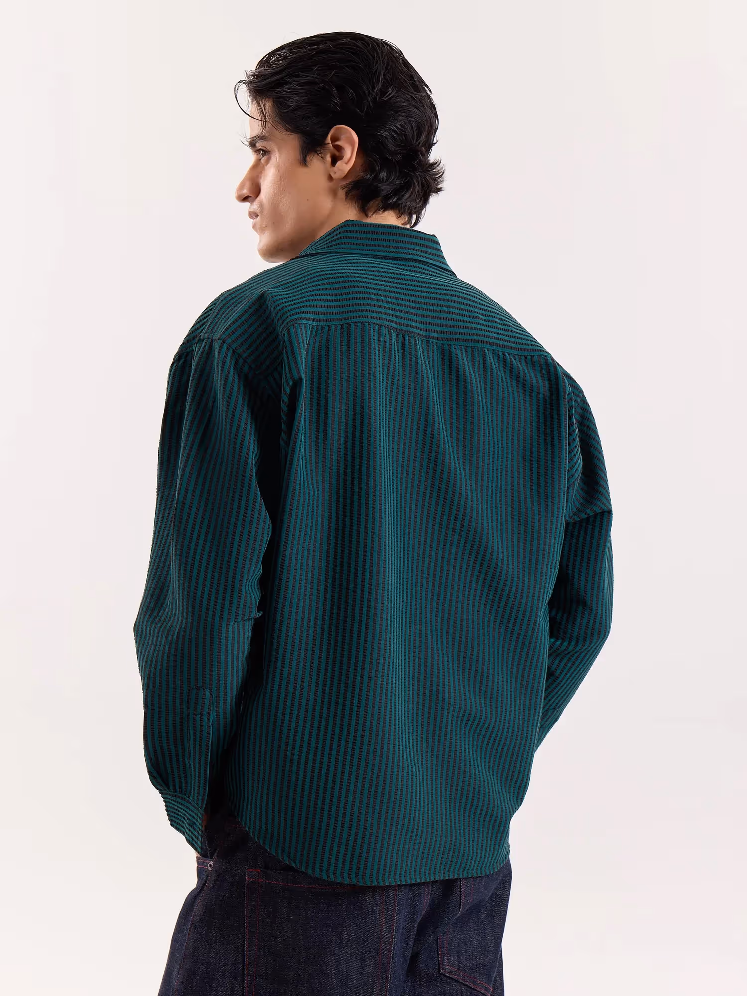 Dark Green Striped Seersucker Cropped Shirt image 8