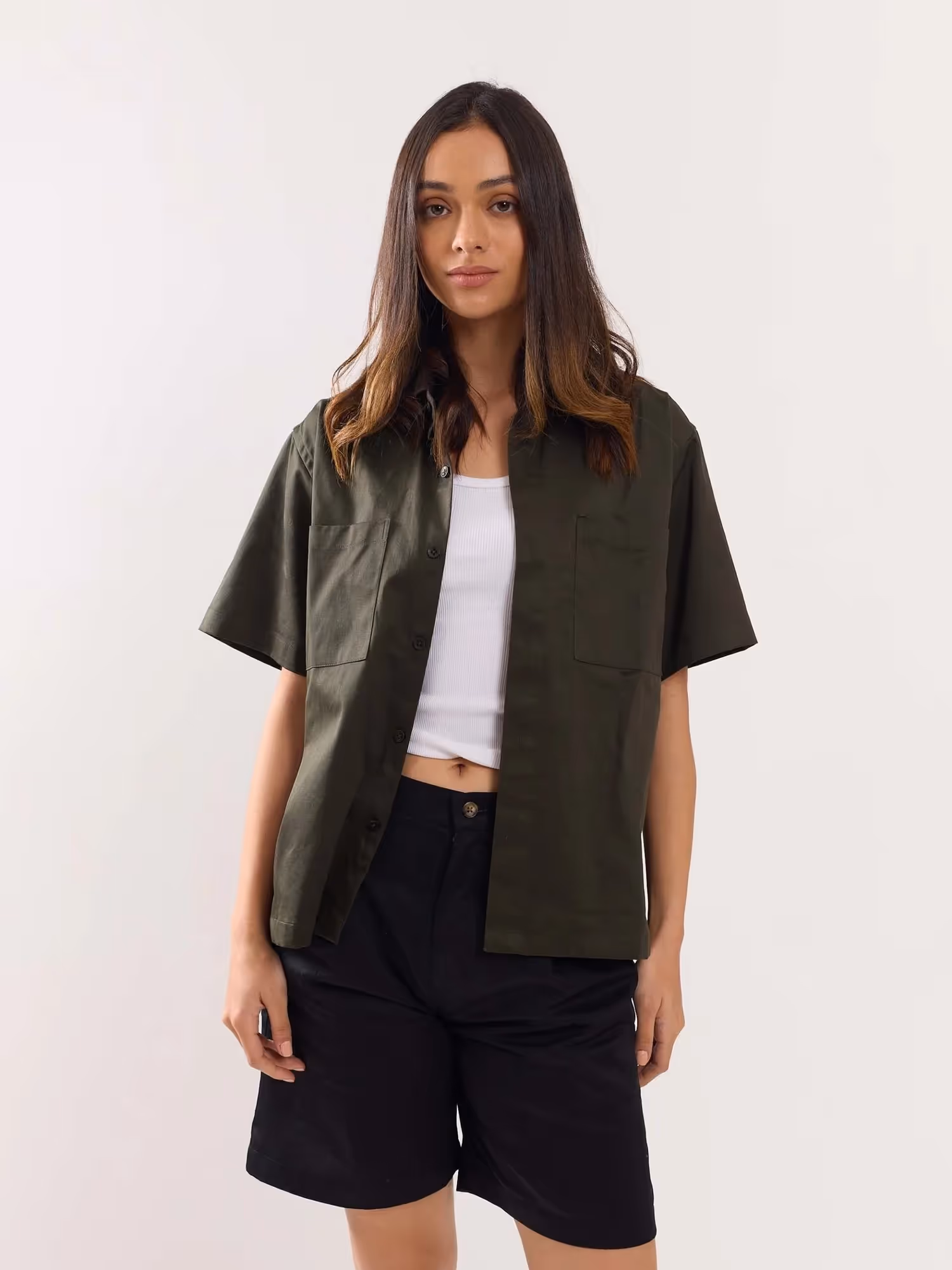 Dark Green Twill Cropped Shirt image 3