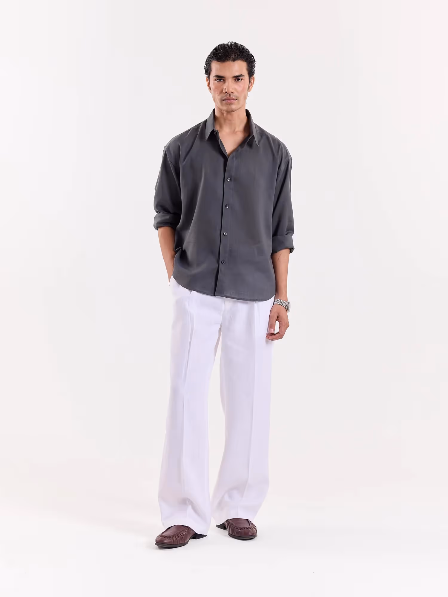 Dark Grey Linen Cropped Shirt  image 1