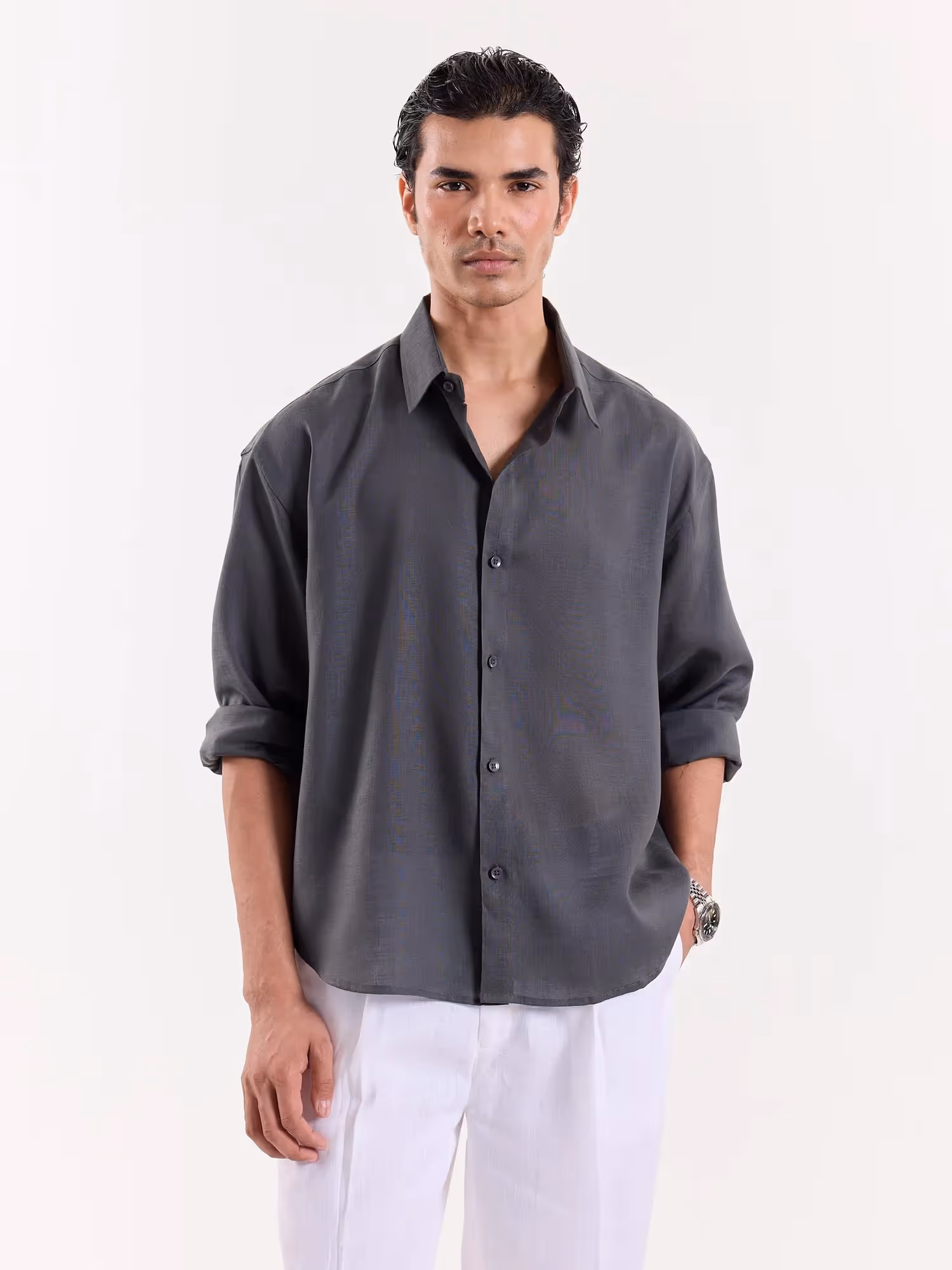 Dark Grey Linen Cropped Shirt  image 2