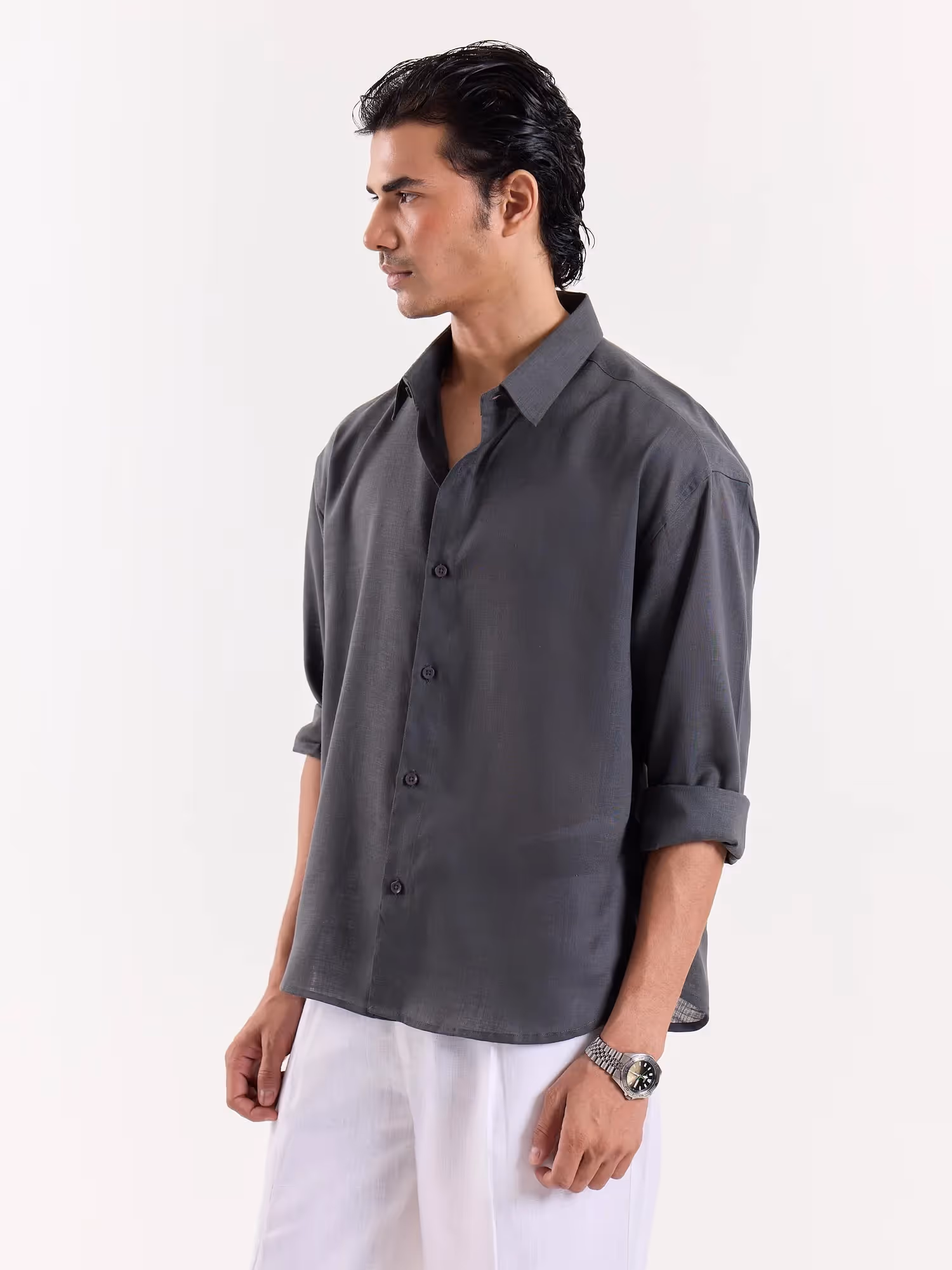 Dark Grey Linen Cropped Shirt  image 3