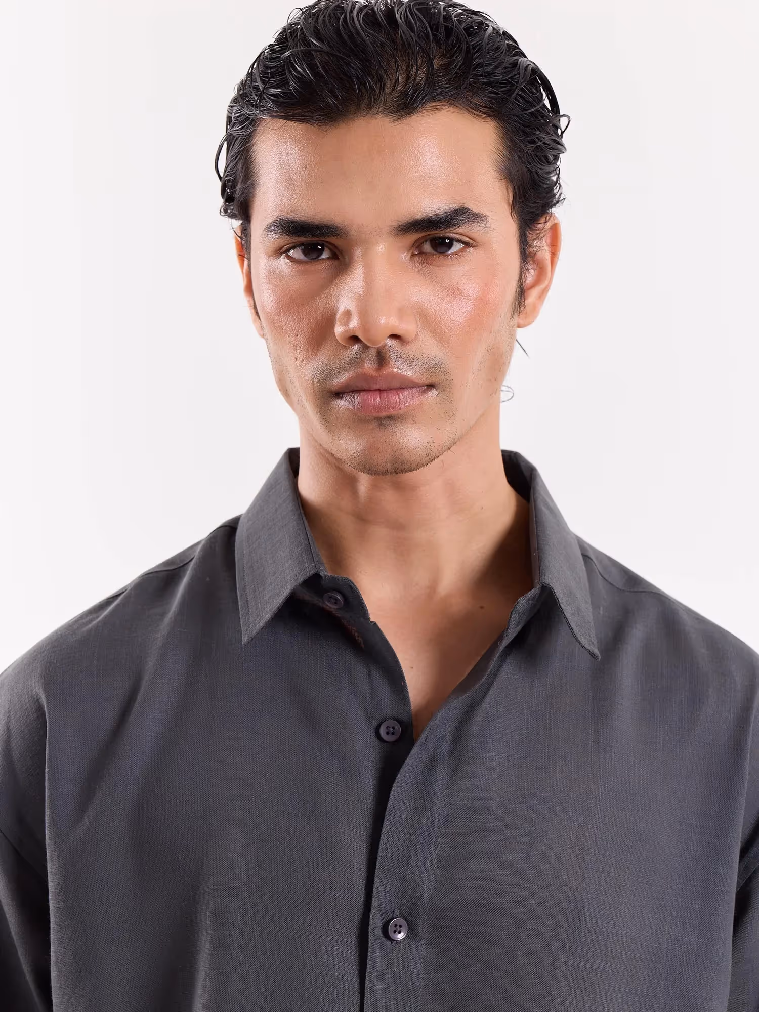 Dark Grey Linen Cropped Shirt  image 4