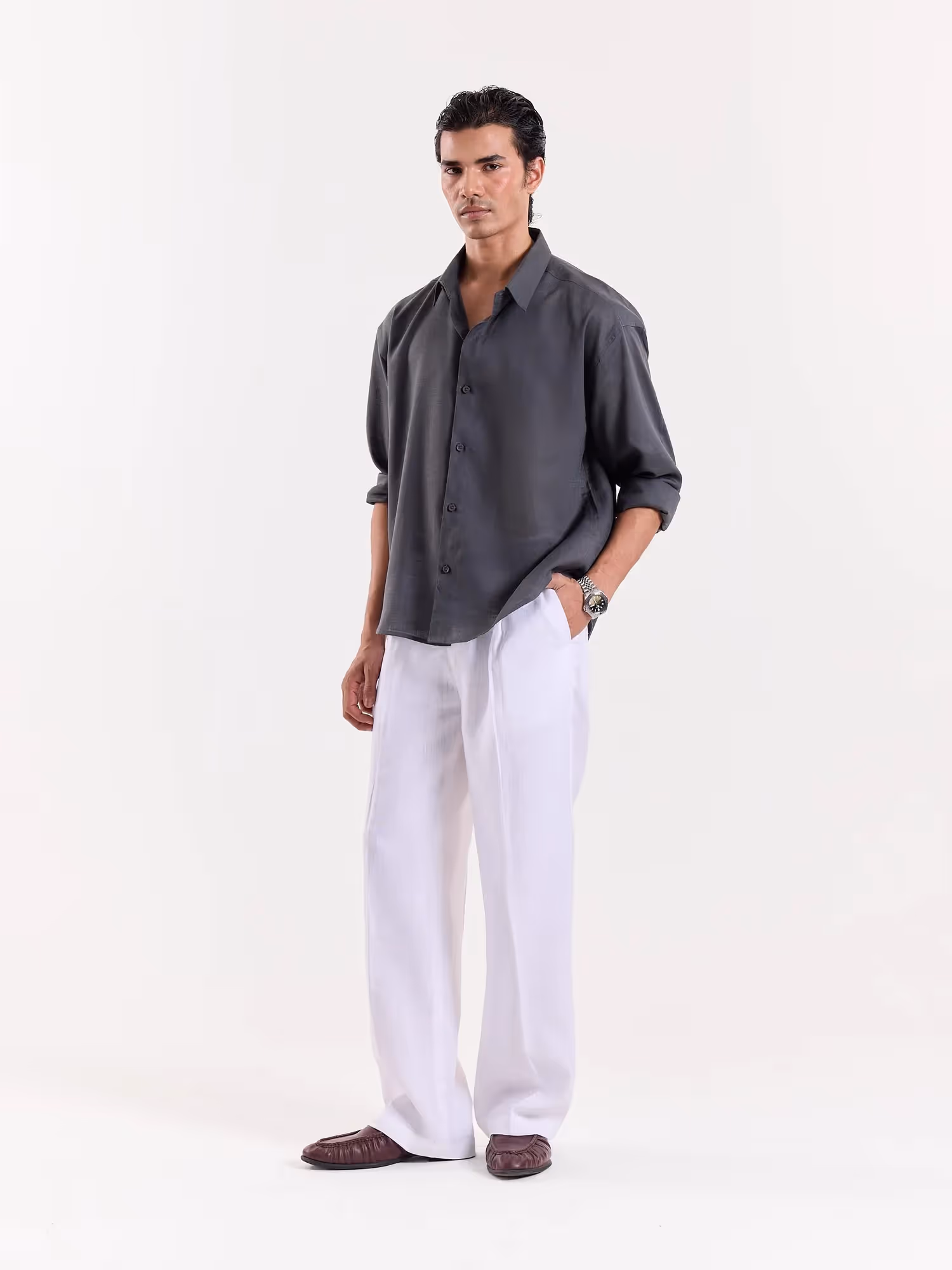 Dark Grey Linen Cropped Shirt  image 5