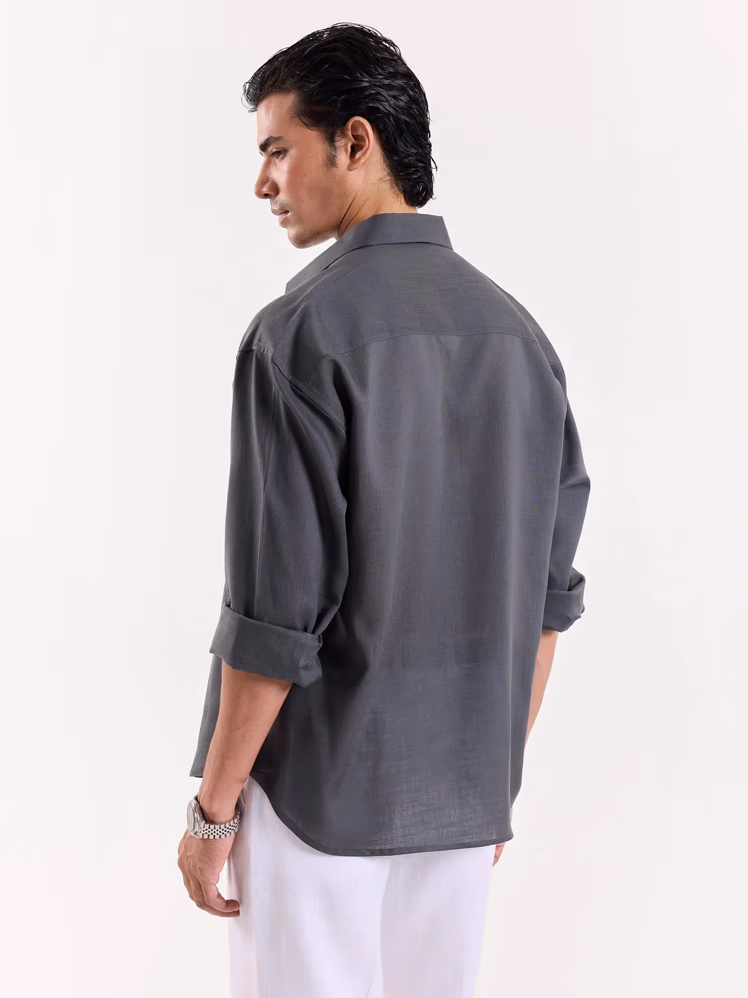 Dark Grey Linen Cropped Shirt  image 6