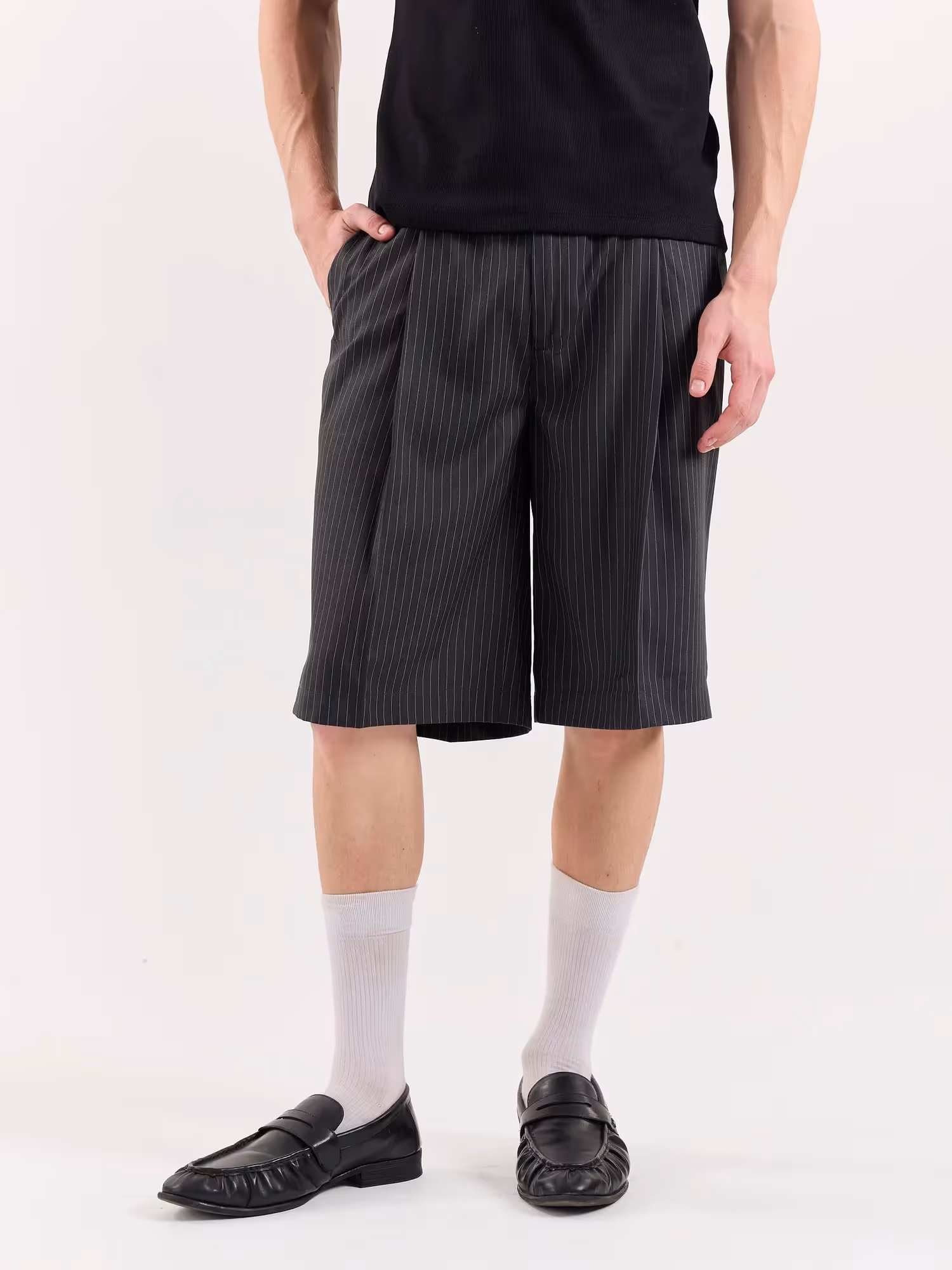 Dark Grey Pinstriped Trouser Shorts  image 3