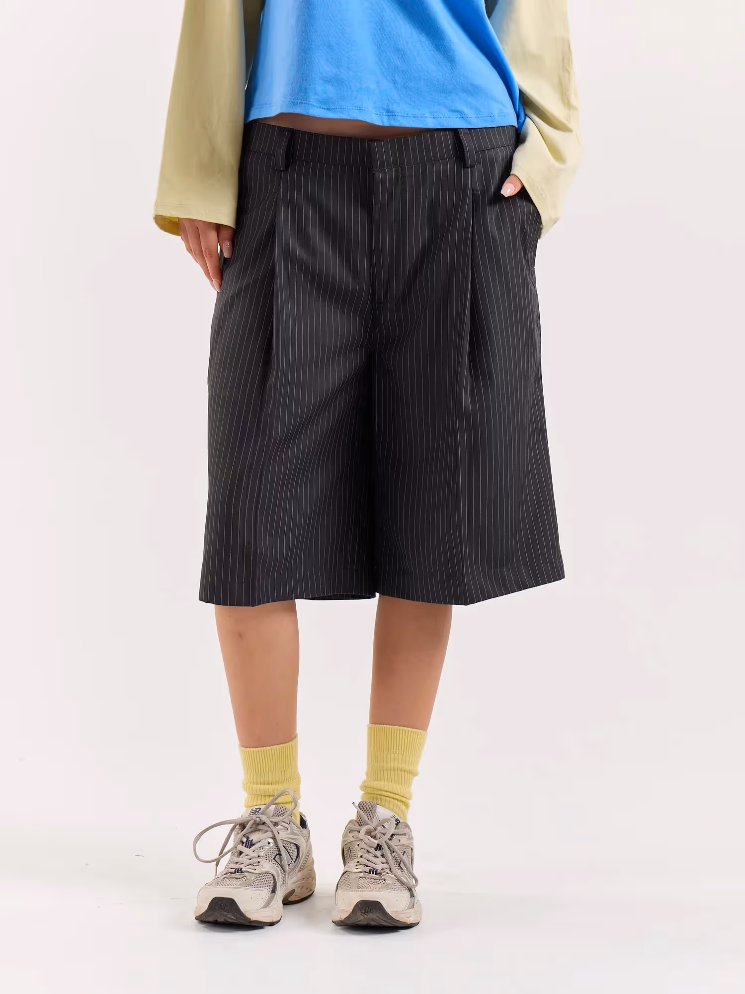 Dark Grey Pinstriped Trouser Shorts  image 4