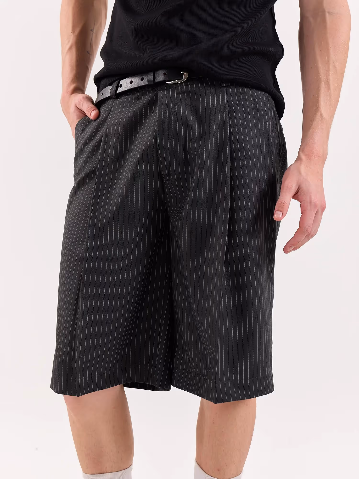 Dark Grey Pinstriped Trouser Shorts  image 7