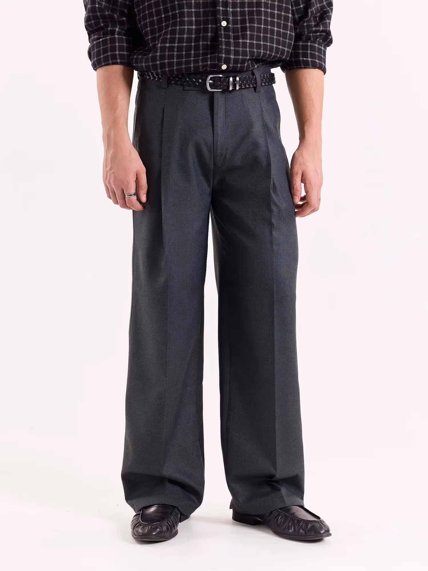 Dark Grey Textured Baggy Fit Trousers image 2