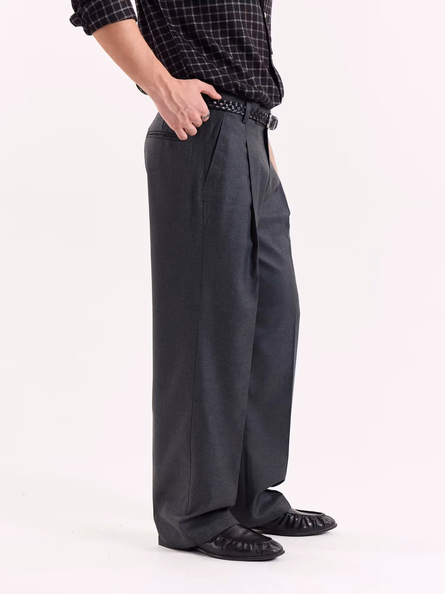 Dark Grey Textured Baggy Fit Trousers image 5