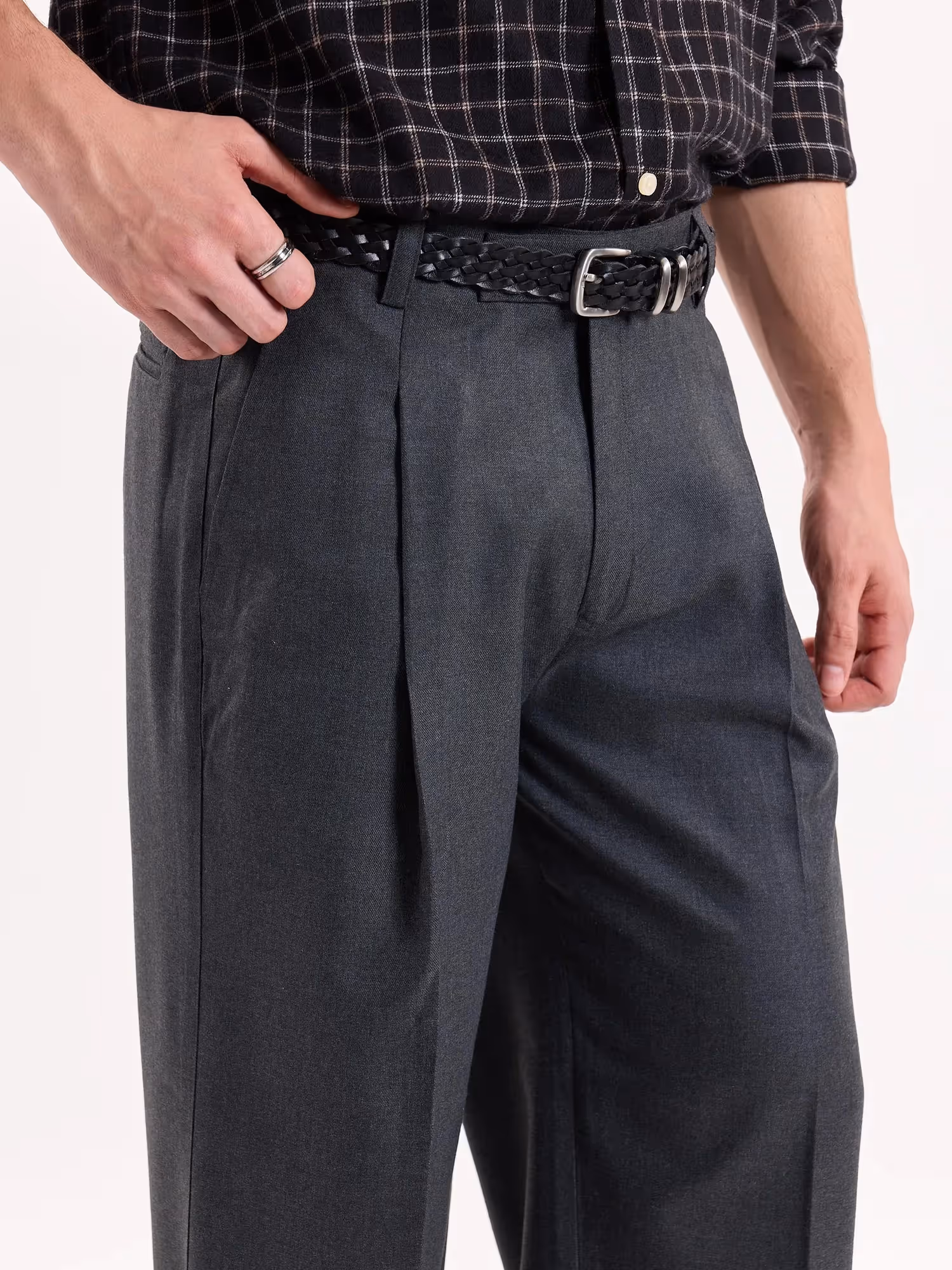 Dark Grey Textured Baggy Fit Trousers image 6
