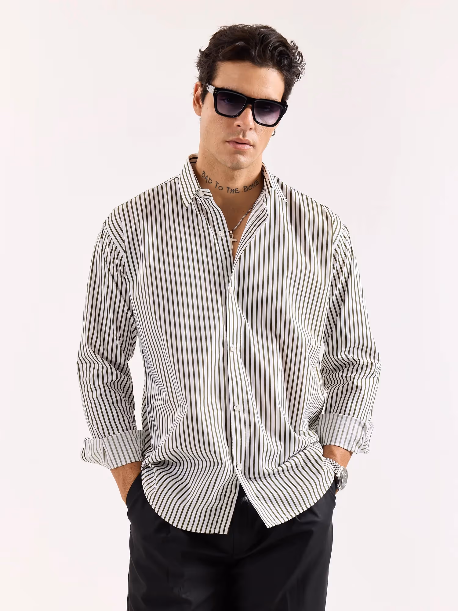 Dark Olive & White Striped Poplin Shirt image 3
