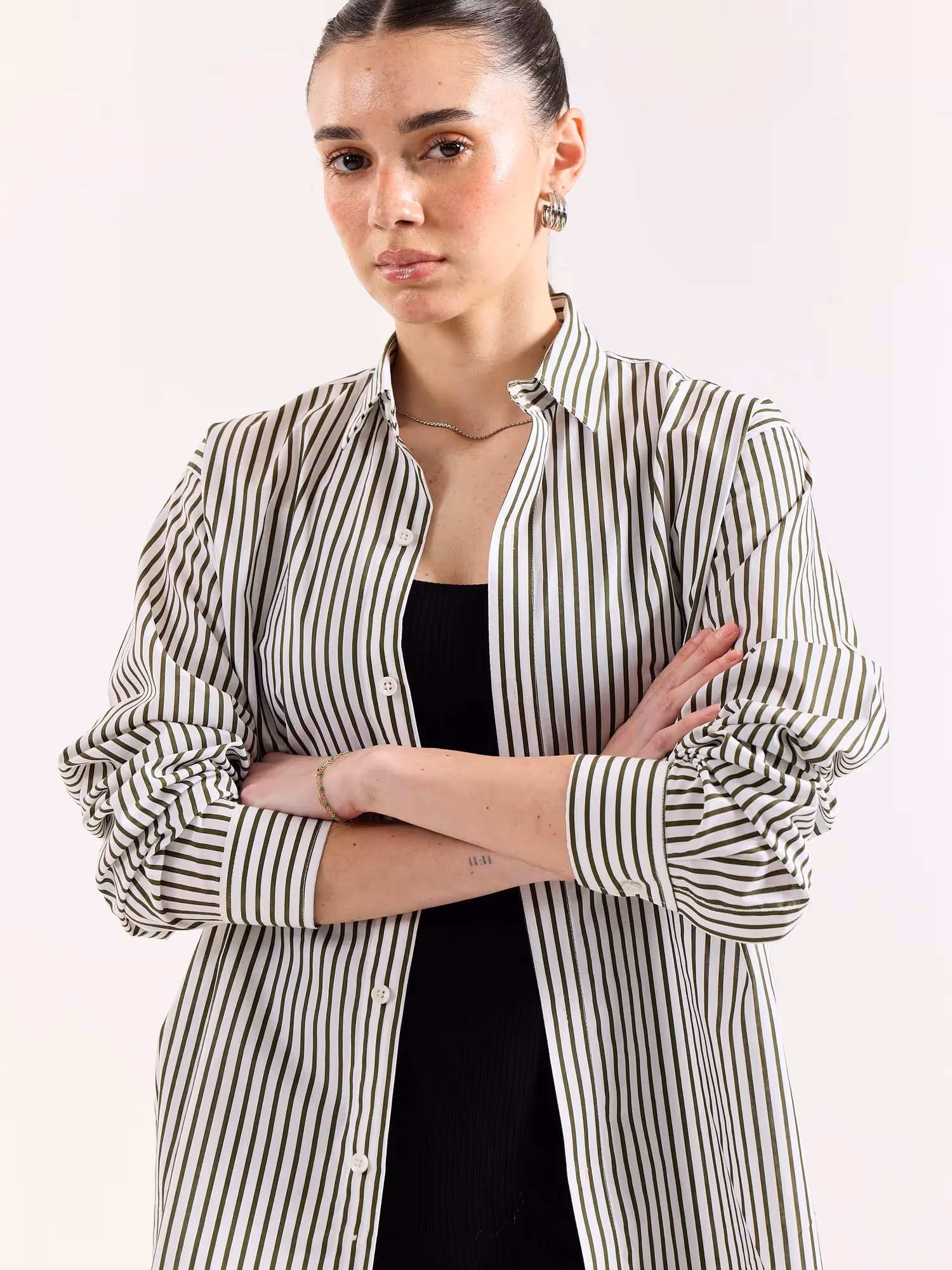 Dark Olive & White Striped Poplin Shirt image 5