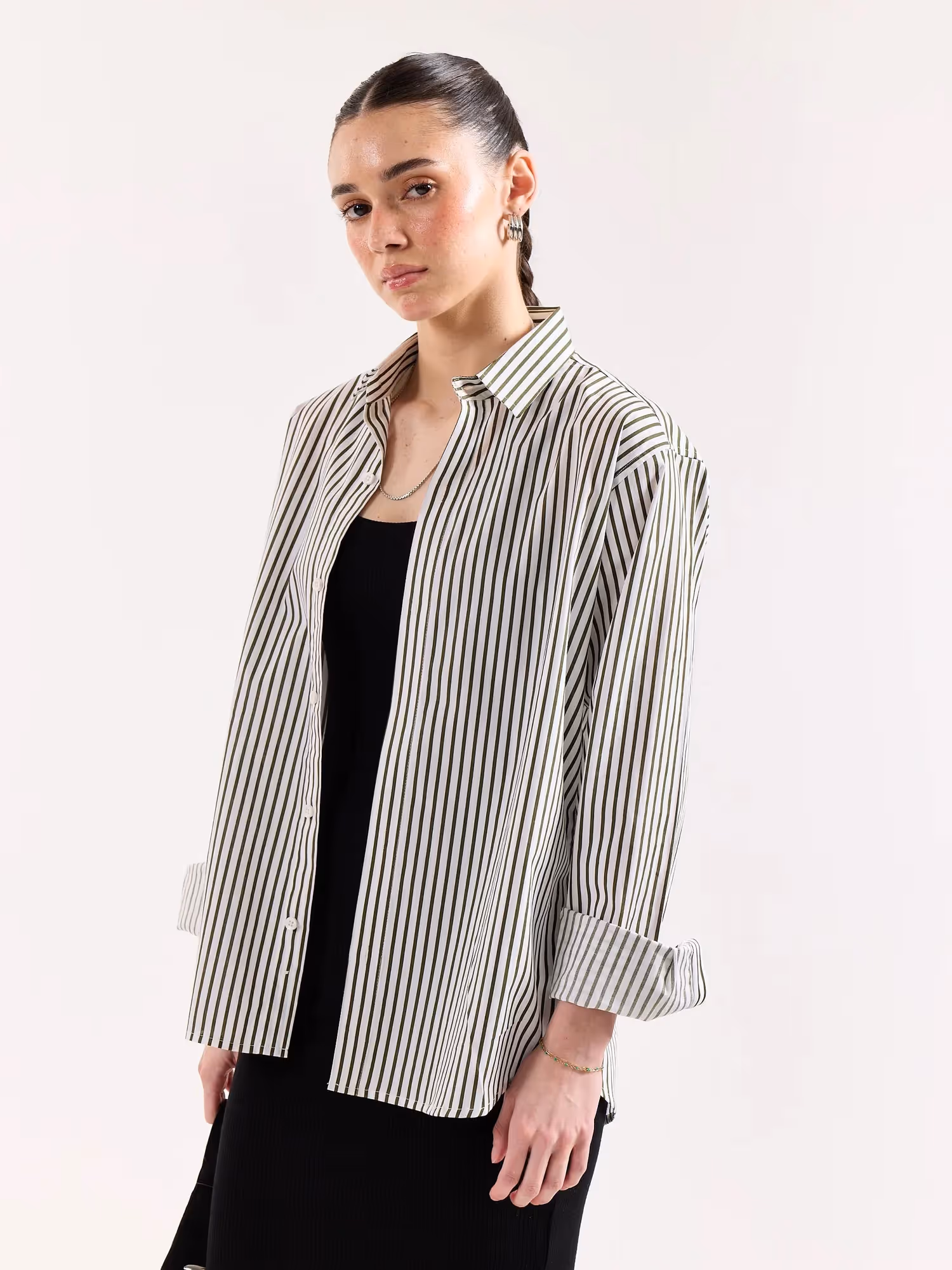 Dark Olive & White Striped Poplin Shirt image 6