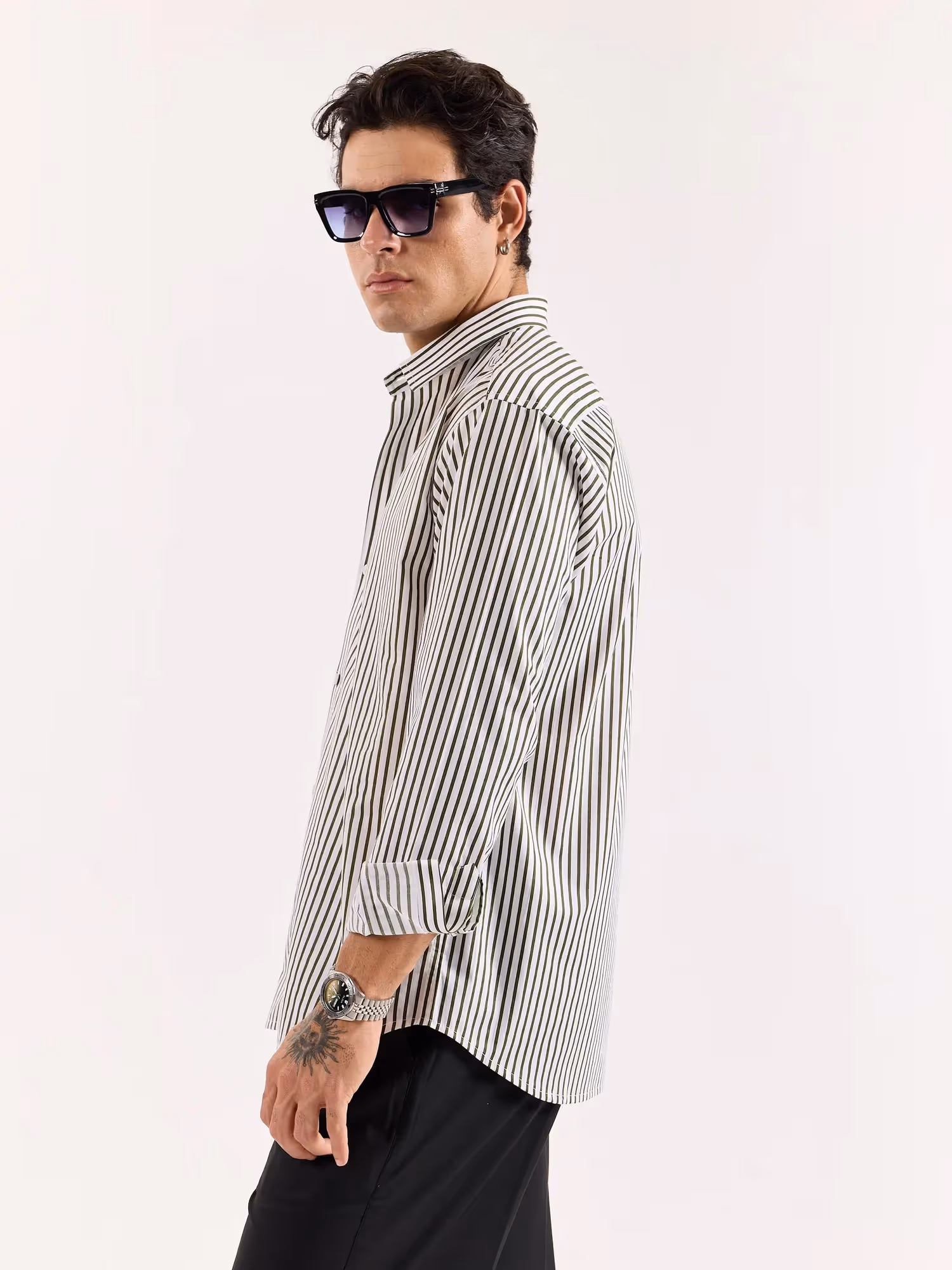 Dark Olive & White Striped Poplin Shirt image 7