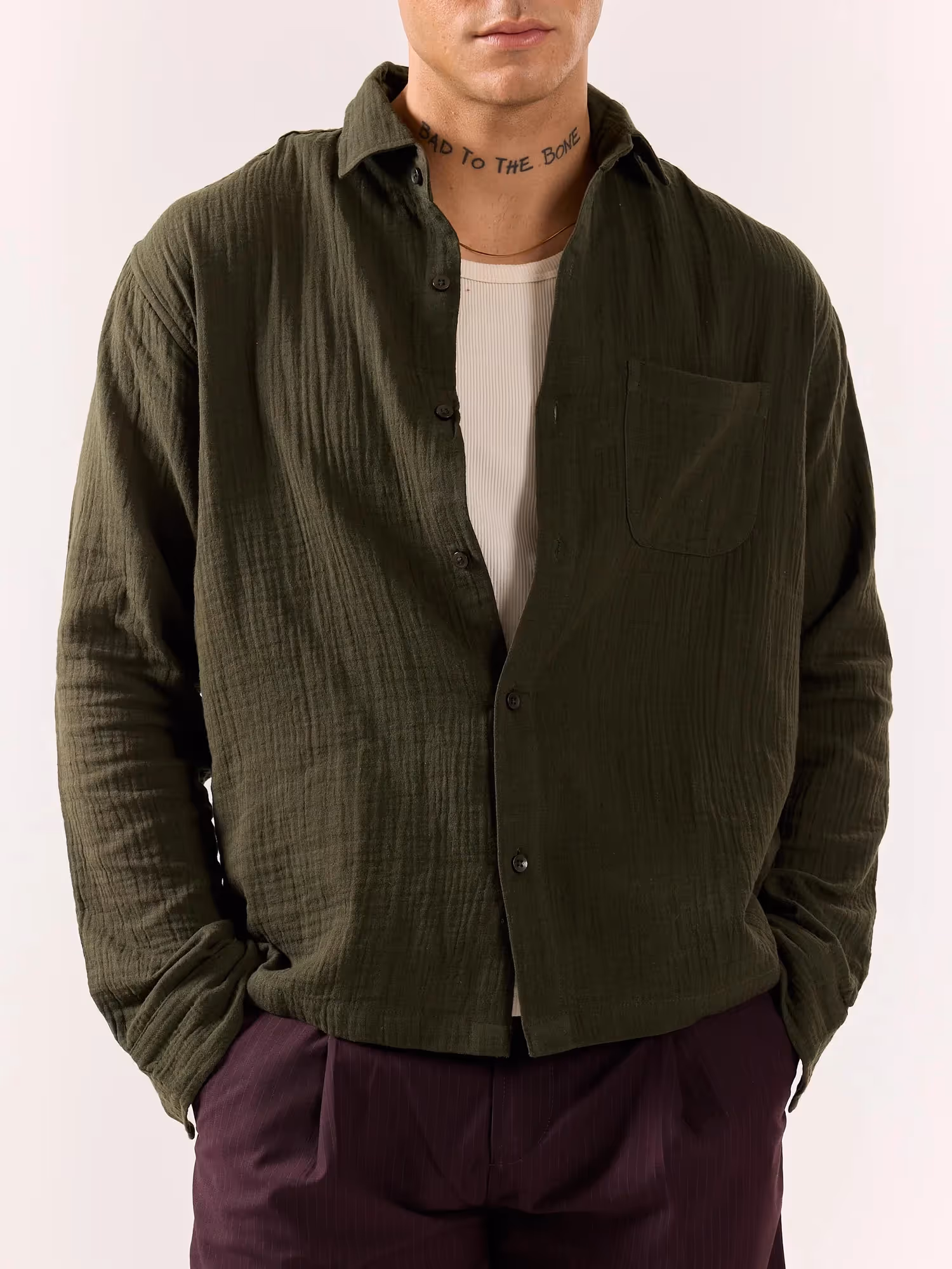 Dark Olive Gauze Holiday Shirt  image 3