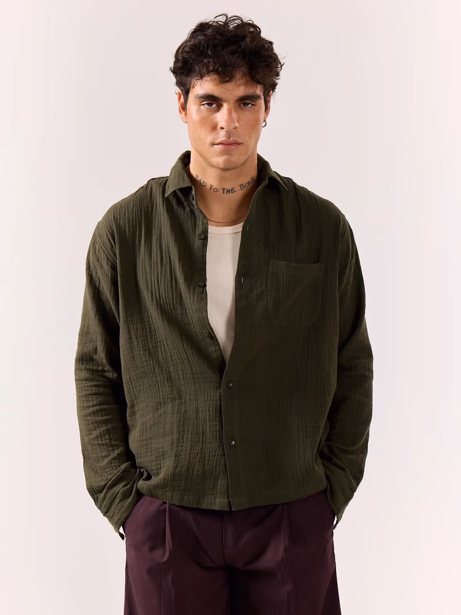 Dark Olive Gauze Holiday Shirt  image 5