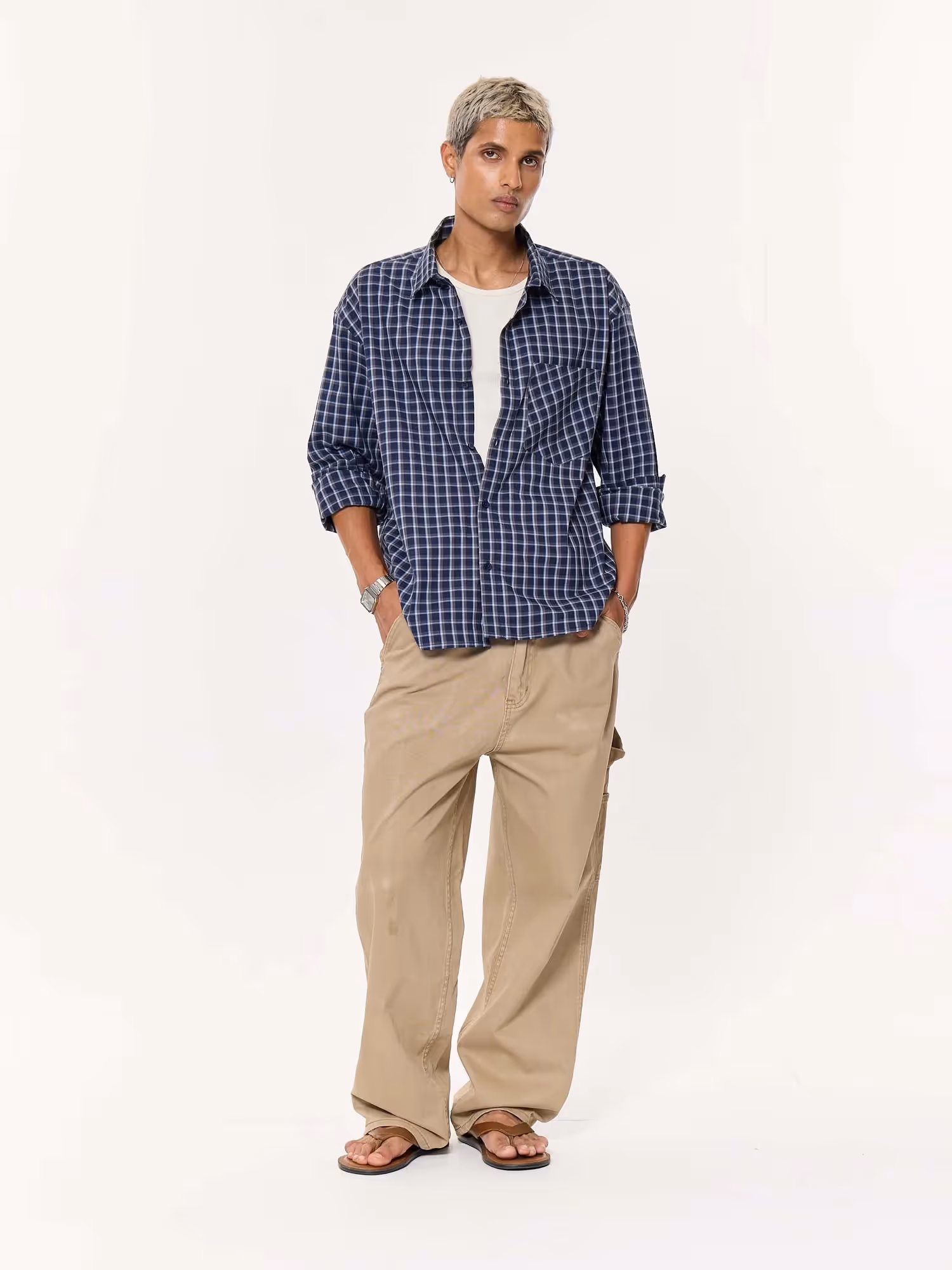 Deep Blue Checkered Oversized Cropped Shirt image 1