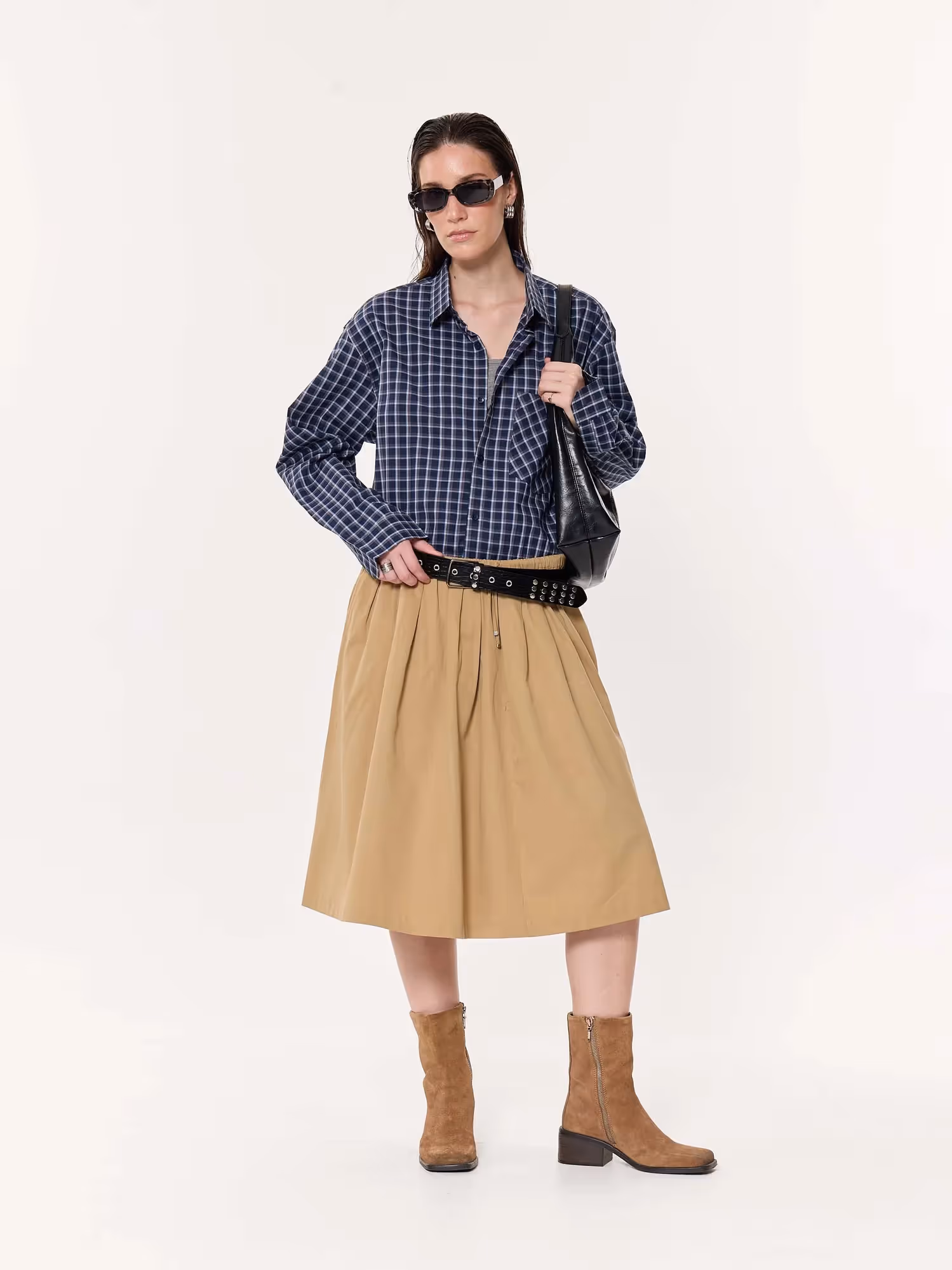 Deep Blue Checkered Oversized Cropped Shirt image 2