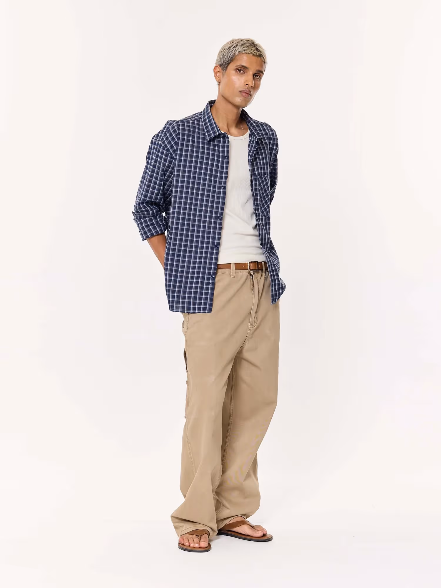 Deep Blue Checkered Oversized Cropped Shirt image 3