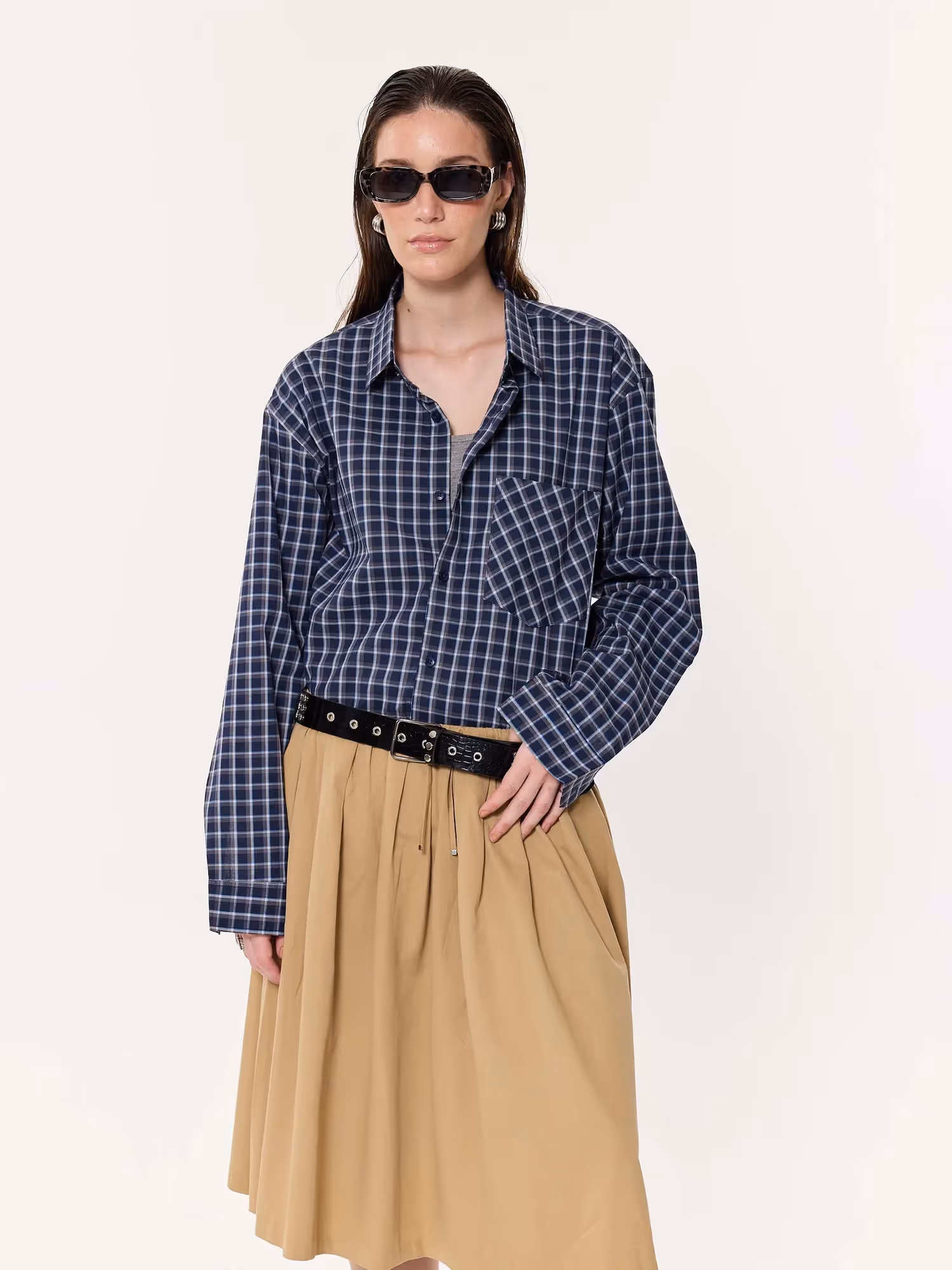 Deep Blue Checkered Oversized Cropped Shirt image 4